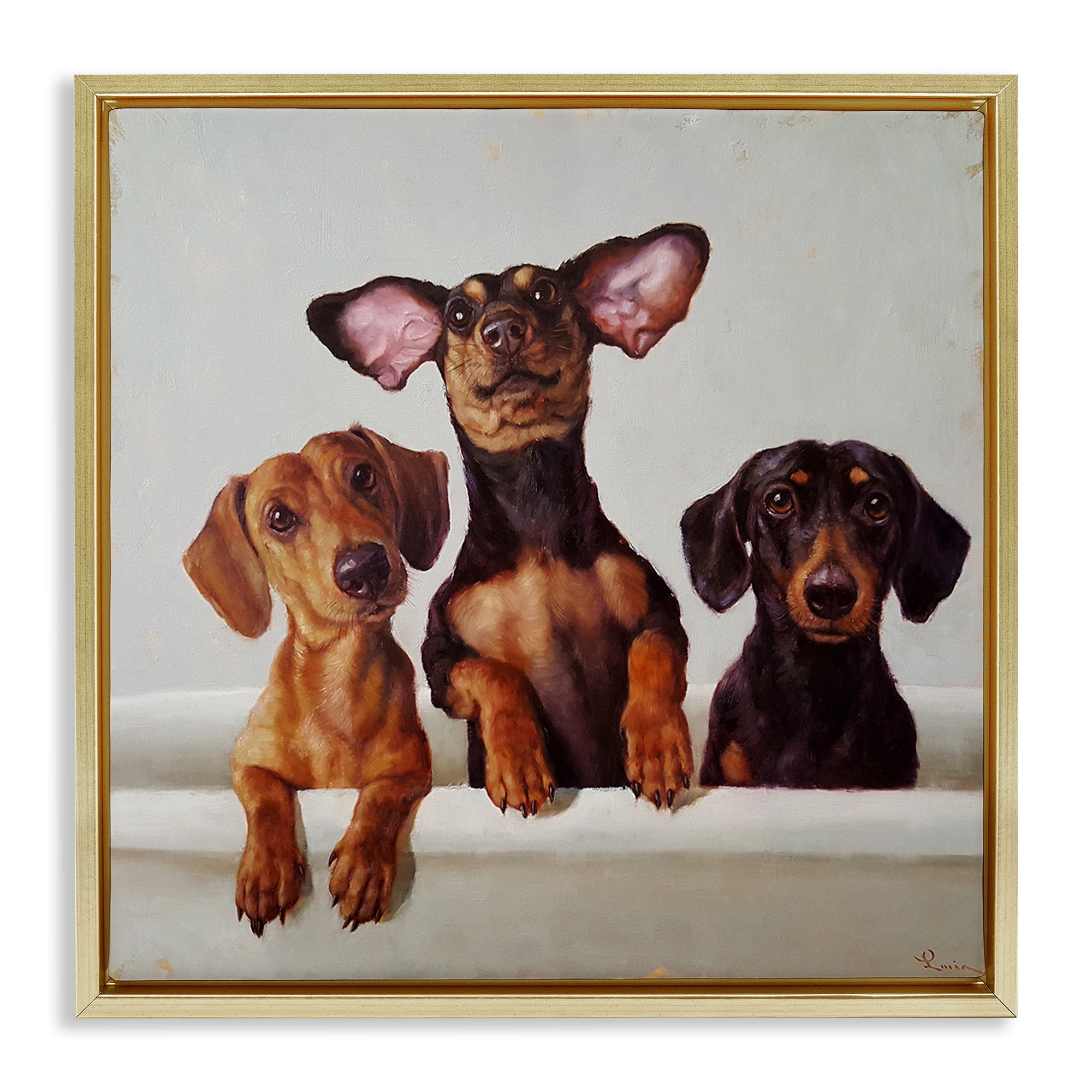 Stupell Industries Dachshunds in Bathtub Animals & Insects Painting Gold Floater Framed Canvas Art Print Wall Art, 25 x 25