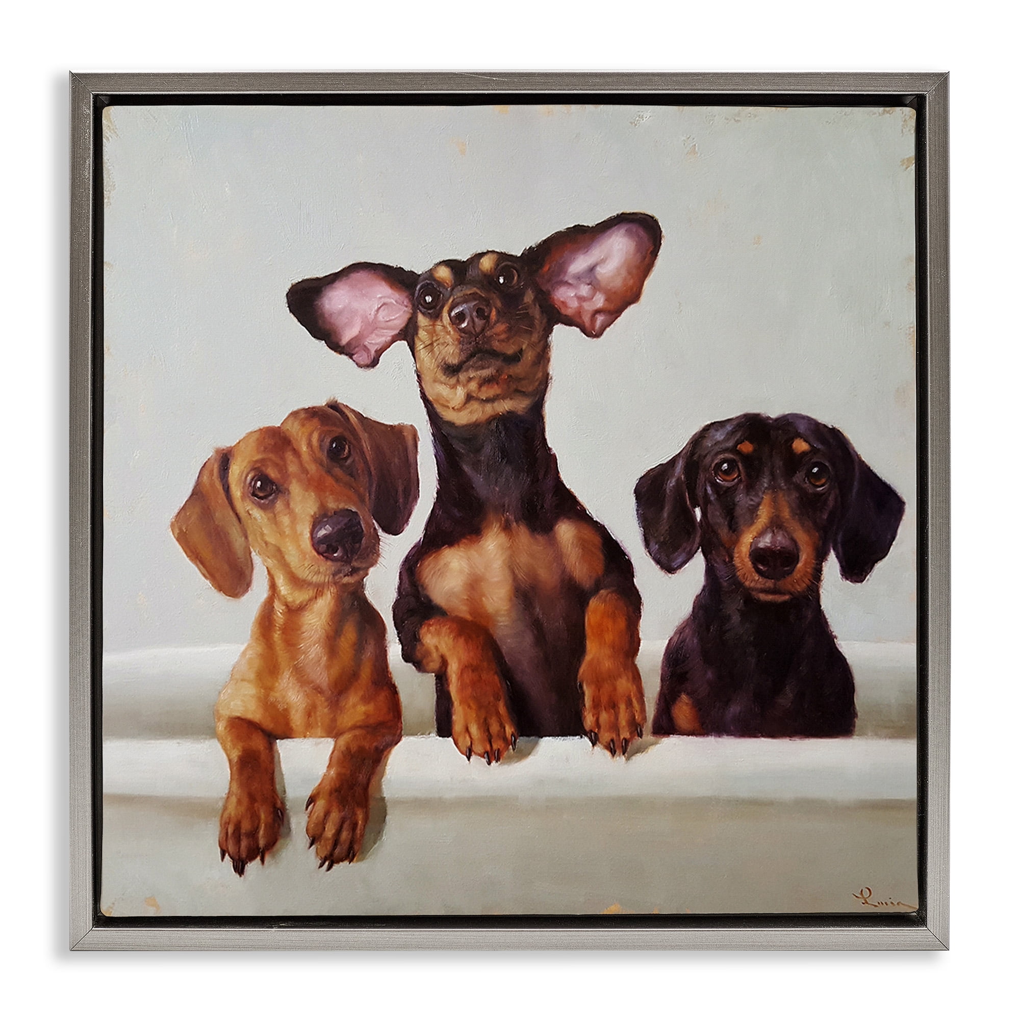 Stupell Industries Dachshunds in Bathtub Animals & Insects Painting Gray Floater Framed Canvas Art Print Wall Art, 25 x 25