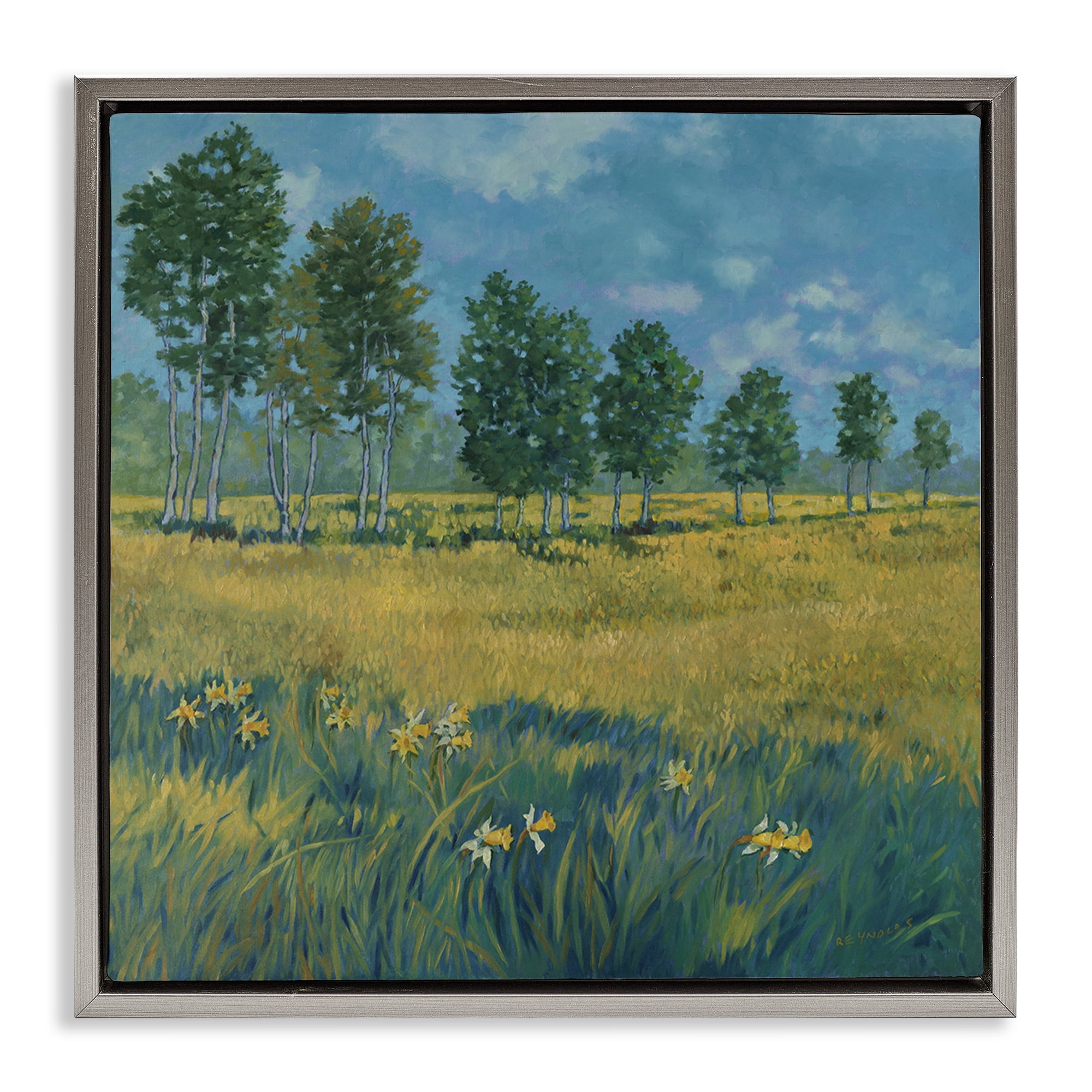 Stupell Industries Daffodil Field Landscape Landscape & Nature Painting Gray Floater Framed Canvas Art Print Wall Art, 18 x 18
