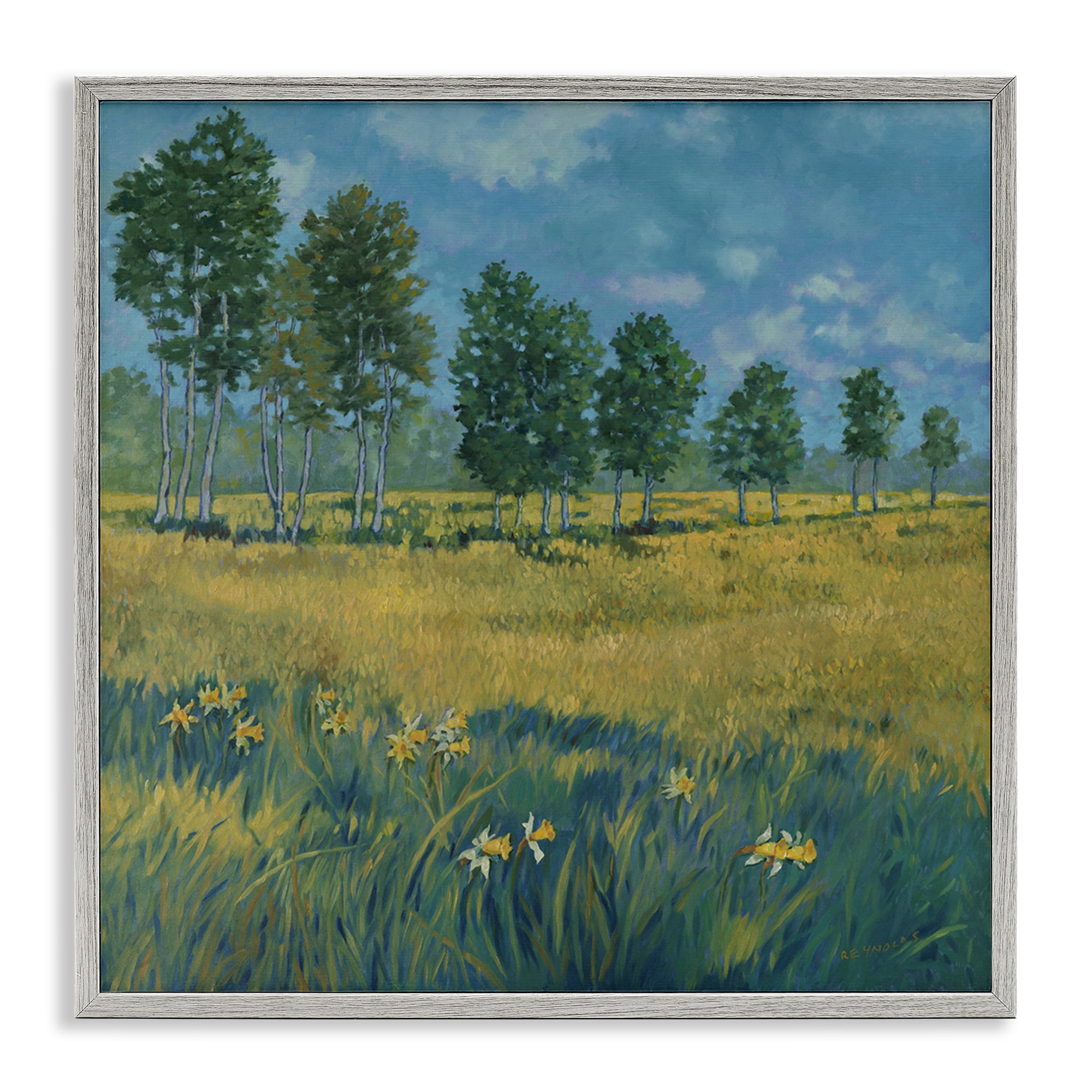 Stupell Industries Daffodil Field Landscape Landscape & Nature Painting Gray Framed Art Print Wall Art, 17 x 17