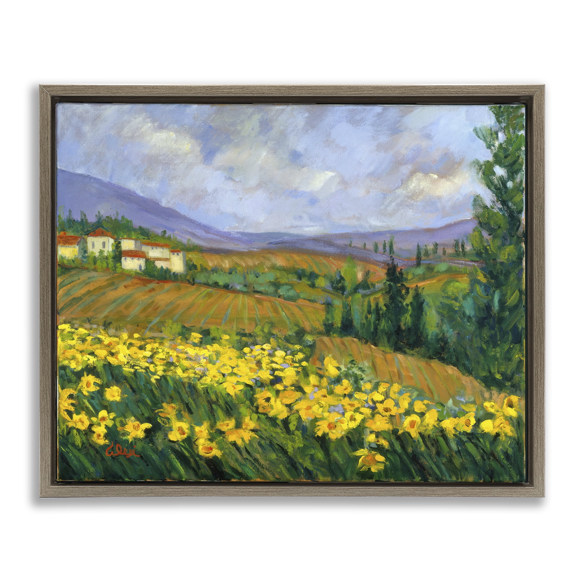Stupell Industries Daffodil Field by Farm Landscape & Nature Painting Brown Floater Framed Canvas Art Print Wall Art, 31 x 25