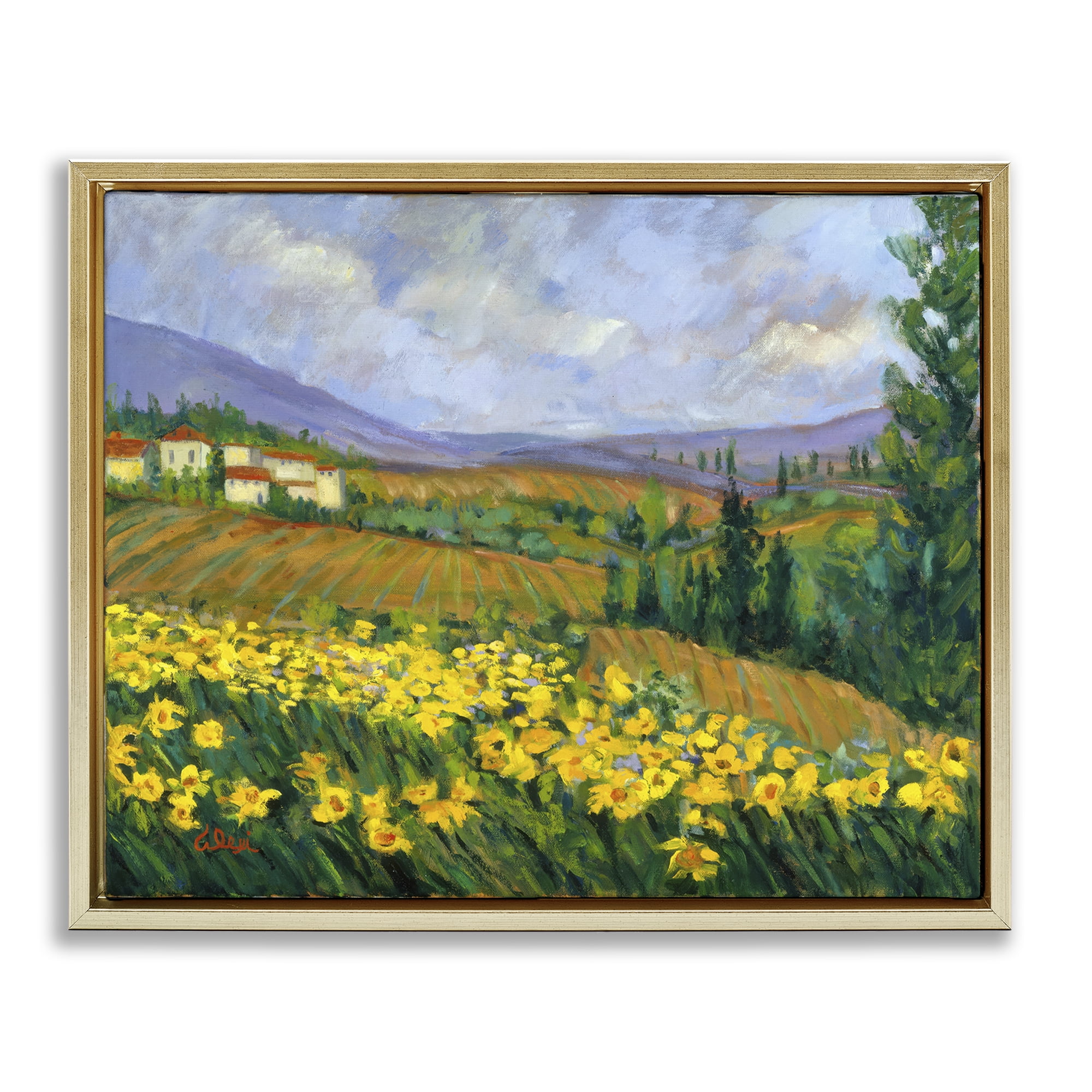 Stupell Industries Daffodil Field by Farm Landscape & Nature Painting Gold Floater Framed Canvas Art Print Wall Art, 31 x 25