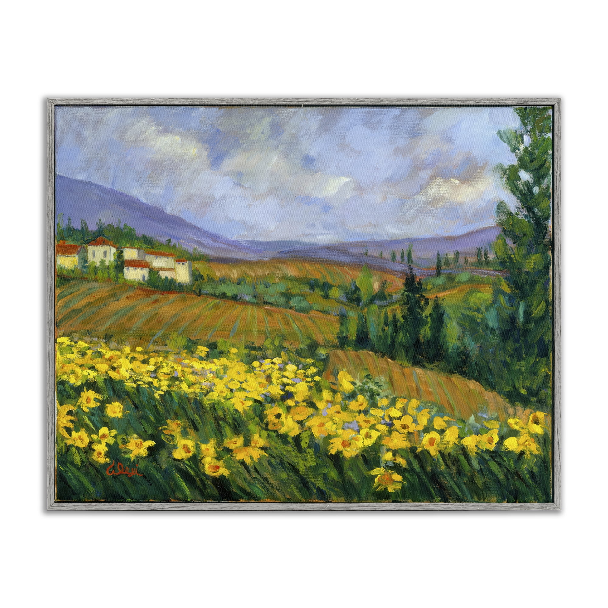 Stupell Industries Daffodil Field by Farm Landscape & Nature Painting Gray Framed Art Print Wall Art, 14 x 11