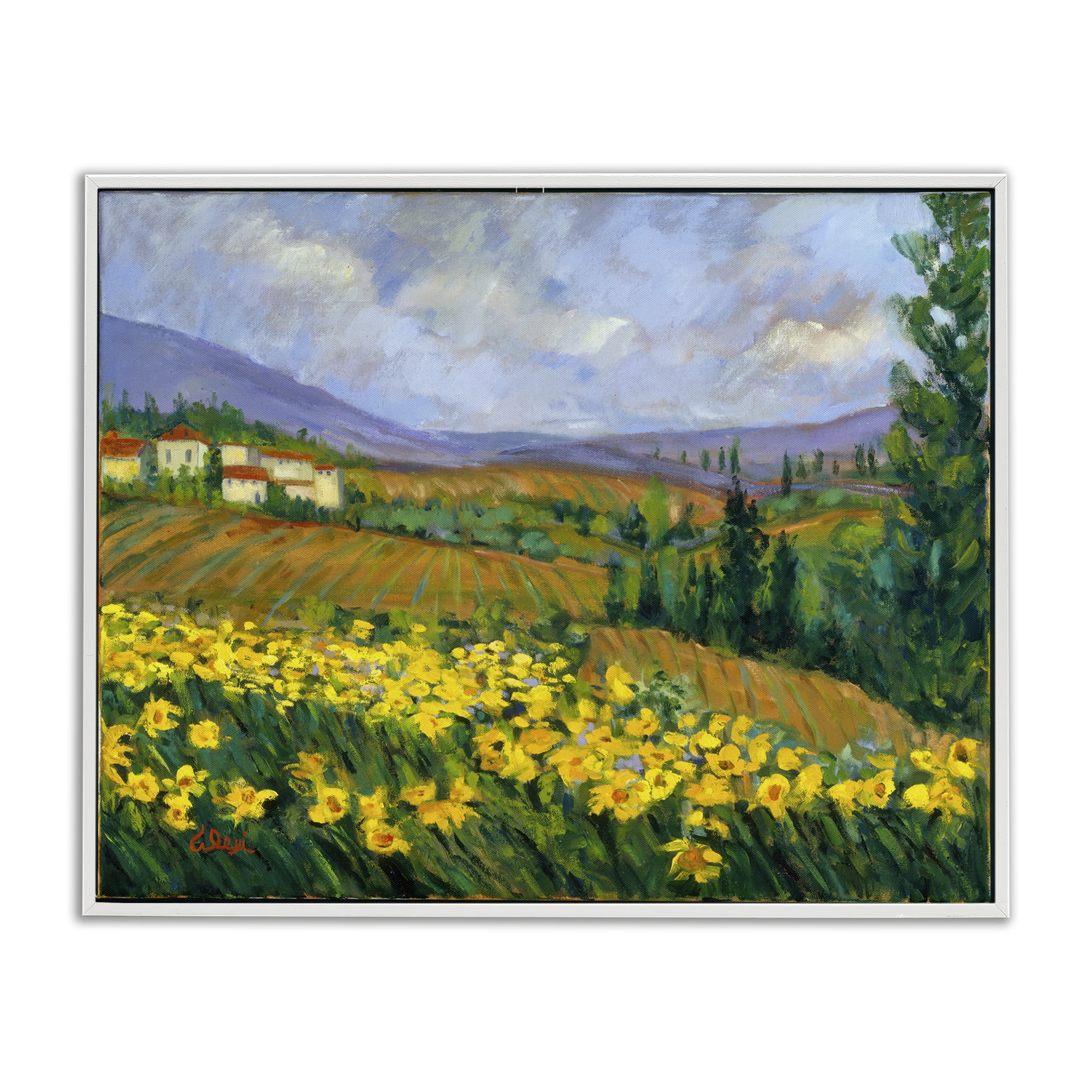 Stupell Industries Daffodil Field by Farm Landscape & Nature Painting White Framed Art Print Wall Art, 30 x 24