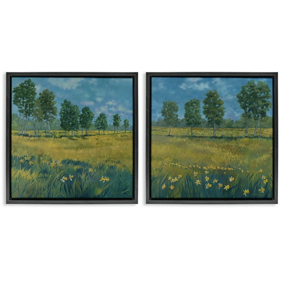 Stupell Industries Daffodil Tree Lined Field Landscape & Nature Painting Black Floater Framed Canvas Art Print Wall Art, 18 x 18, Set of 2