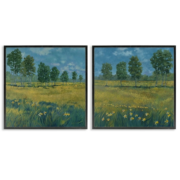 Stupell Industries Daffodil Tree Lined Field Landscape & Nature Painting Black Framed Art Print Wall Art, 12 x 12, Set of 2