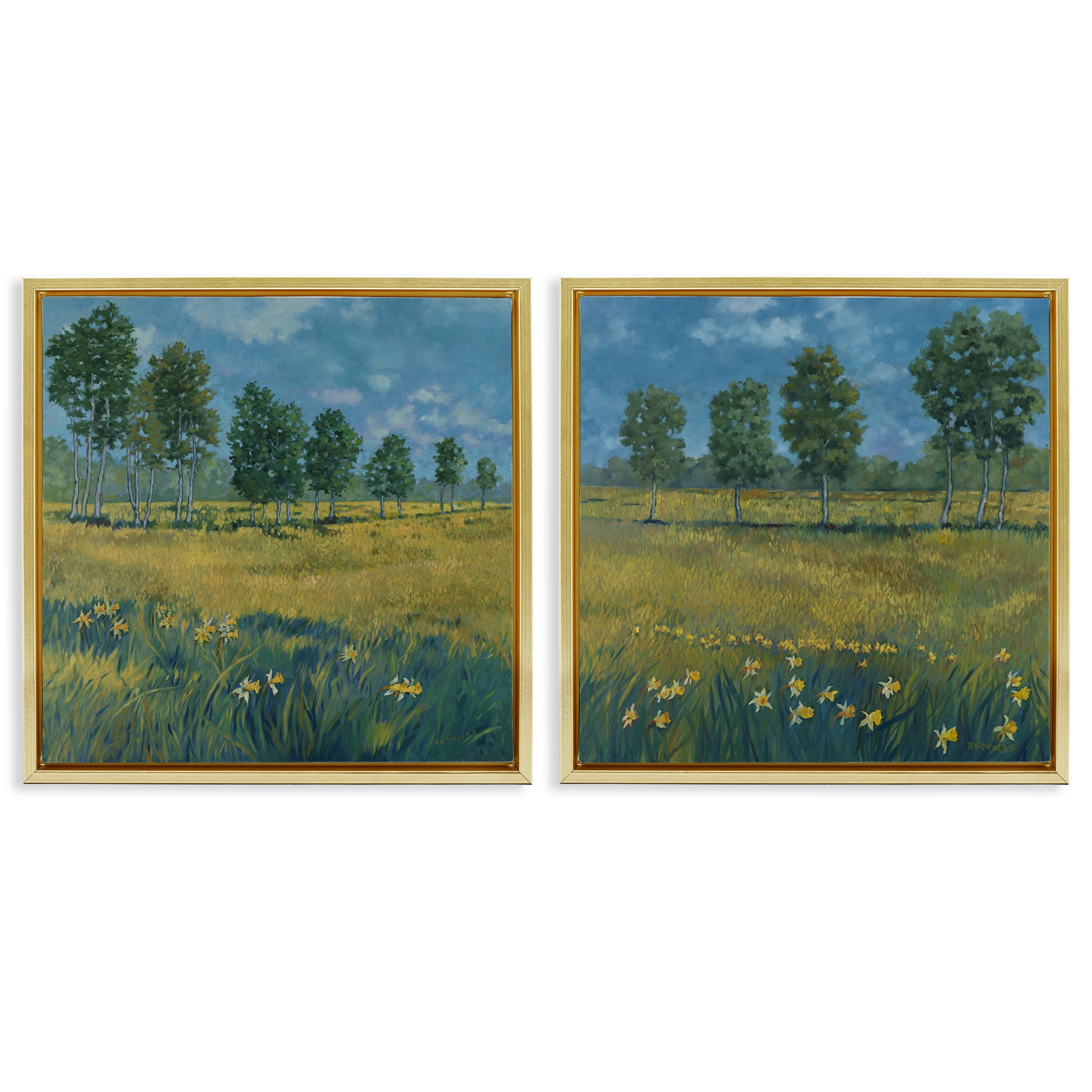 Stupell Industries Daffodil Tree Lined Field Landscape & Nature Painting Gold Floater Framed Canvas Art Print Wall Art, 25 x 25, Set of 2