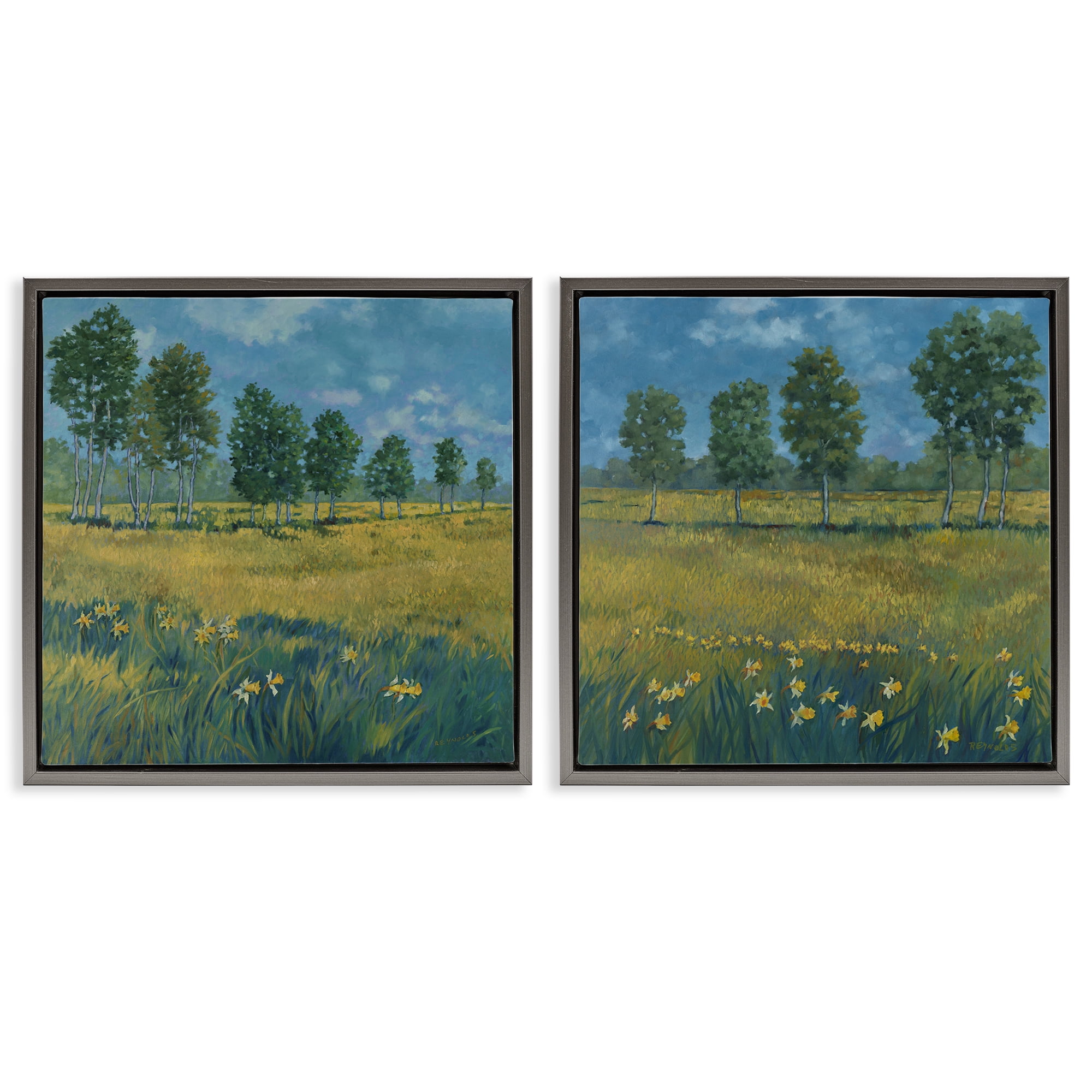 Stupell Industries Daffodil Tree Lined Field Landscape & Nature Painting Gray Floater Framed Canvas Art Print Wall Art, 18 x 18, Set of 2