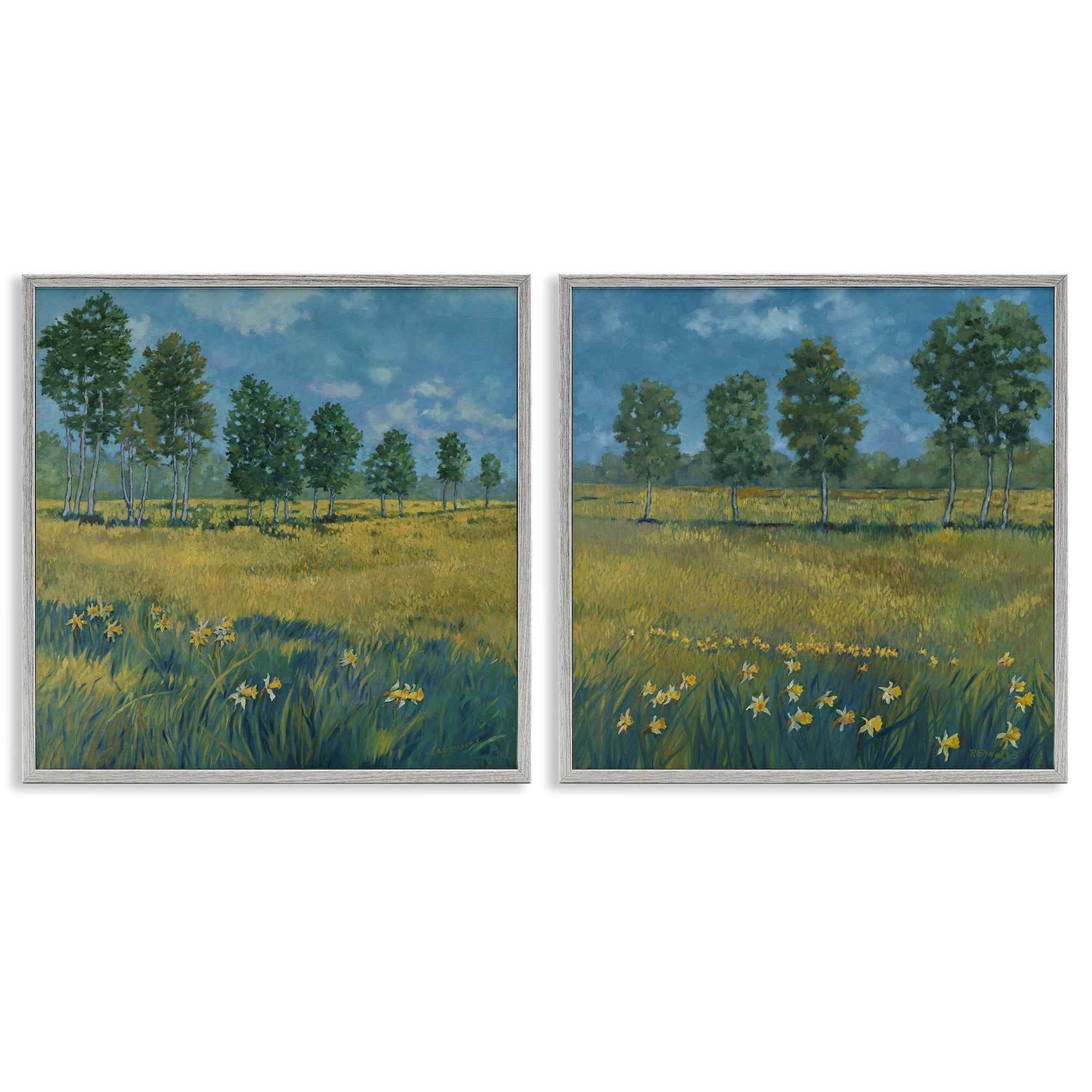 Stupell Industries Daffodil Tree Lined Field Landscape & Nature Painting Gray Framed Art Print Wall Art, 12 x 12, Set of 2