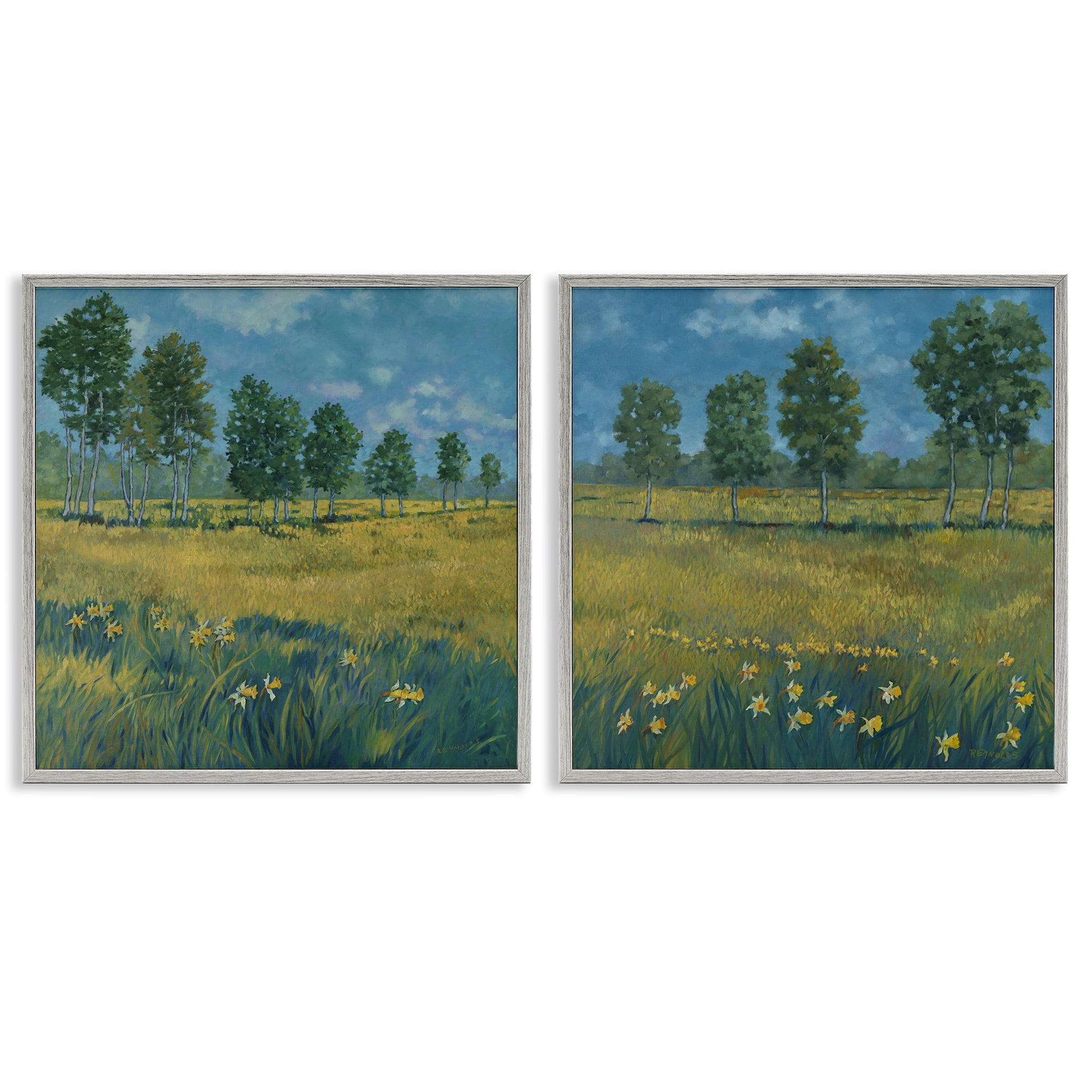 Stupell Industries Daffodil Tree Lined Field Landscape & Nature Painting Gray Framed Art Print Wall Art, 17 x 17, Set of 2