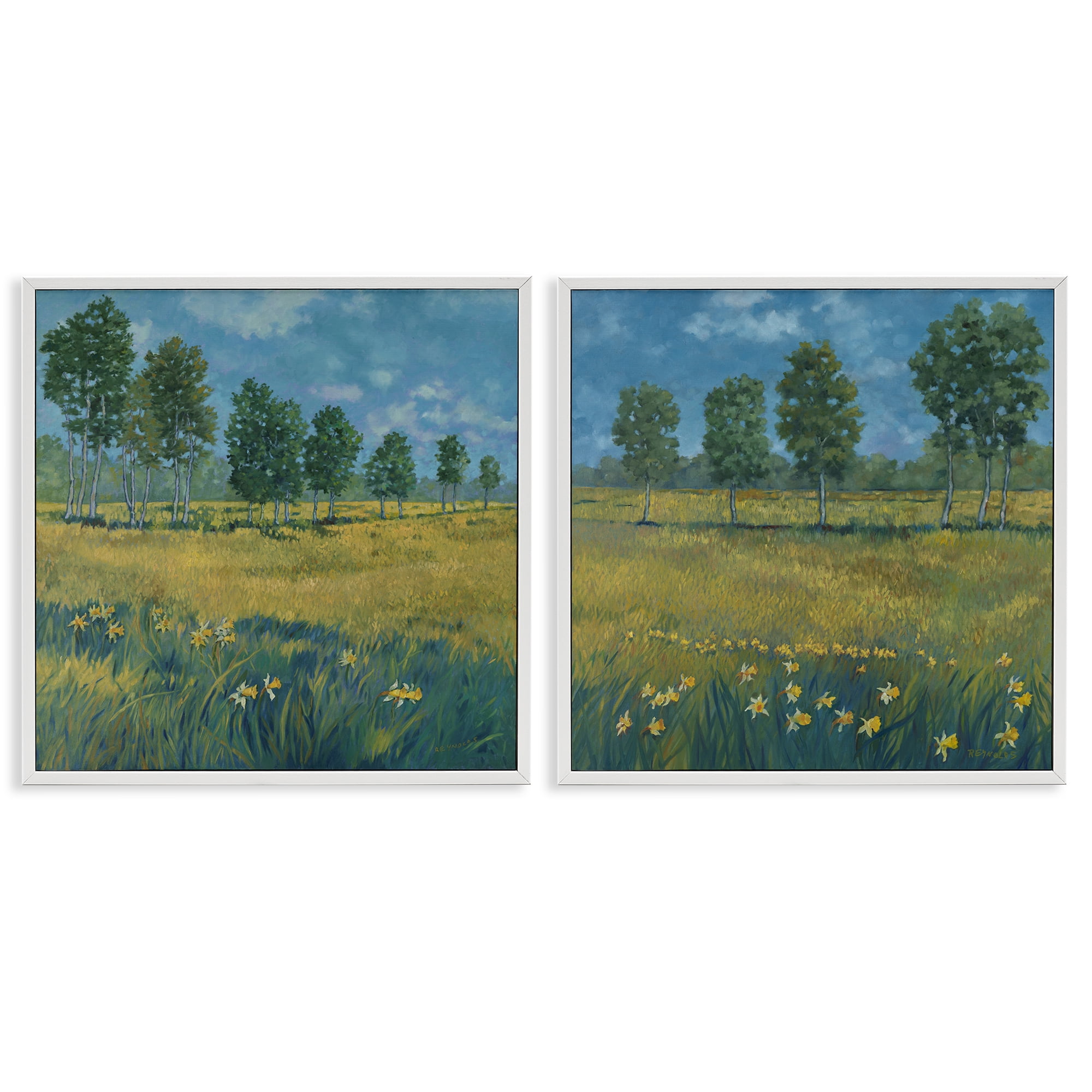 Stupell Industries Daffodil Tree Lined Field Landscape & Nature Painting White Framed Art Print Wall Art, 12 x 12, Set of 2