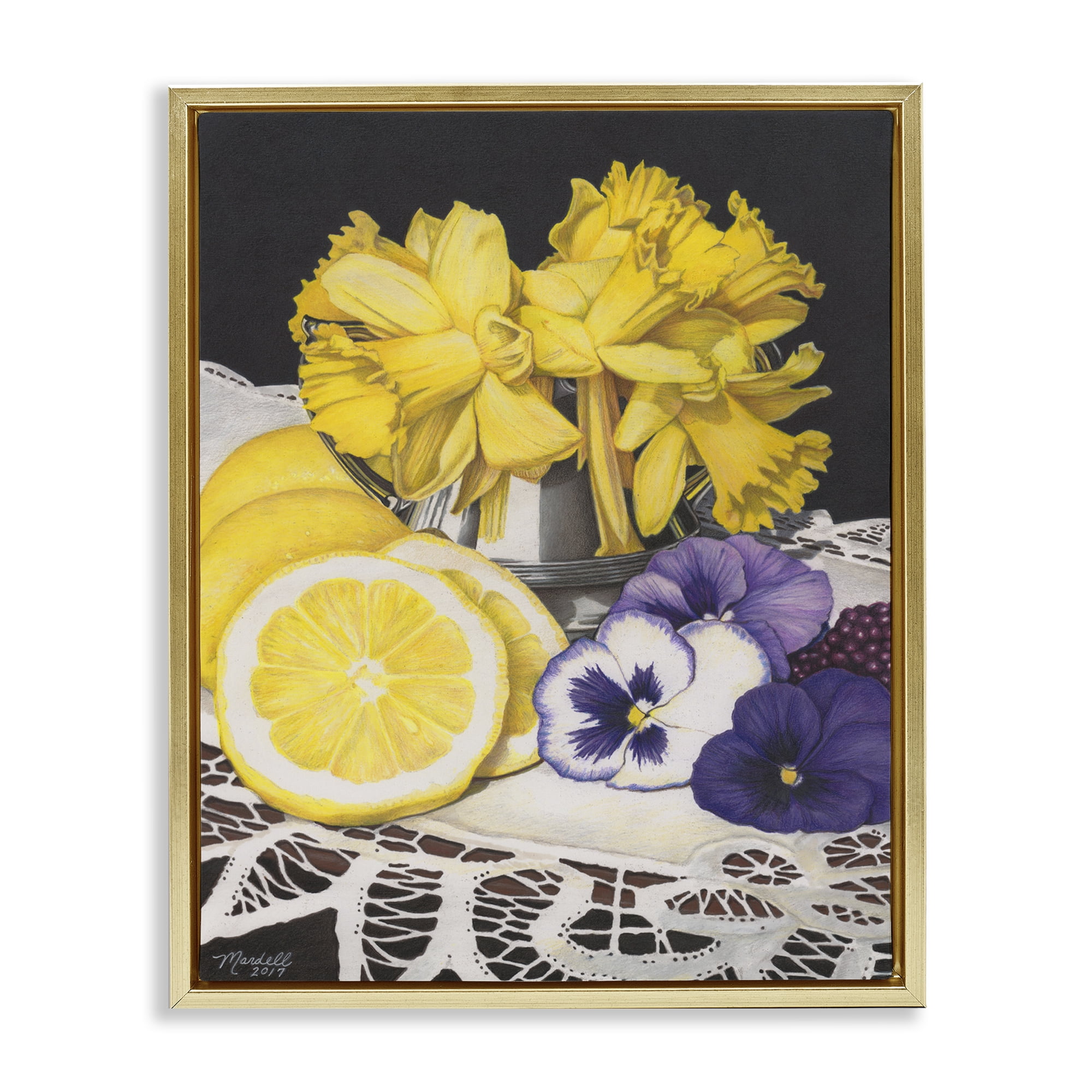 Stupell Industries Daffodils & Lemons Still Life Food & Beverage Painting Gold Floater Framed Art Print Wall Art, 25 x 31