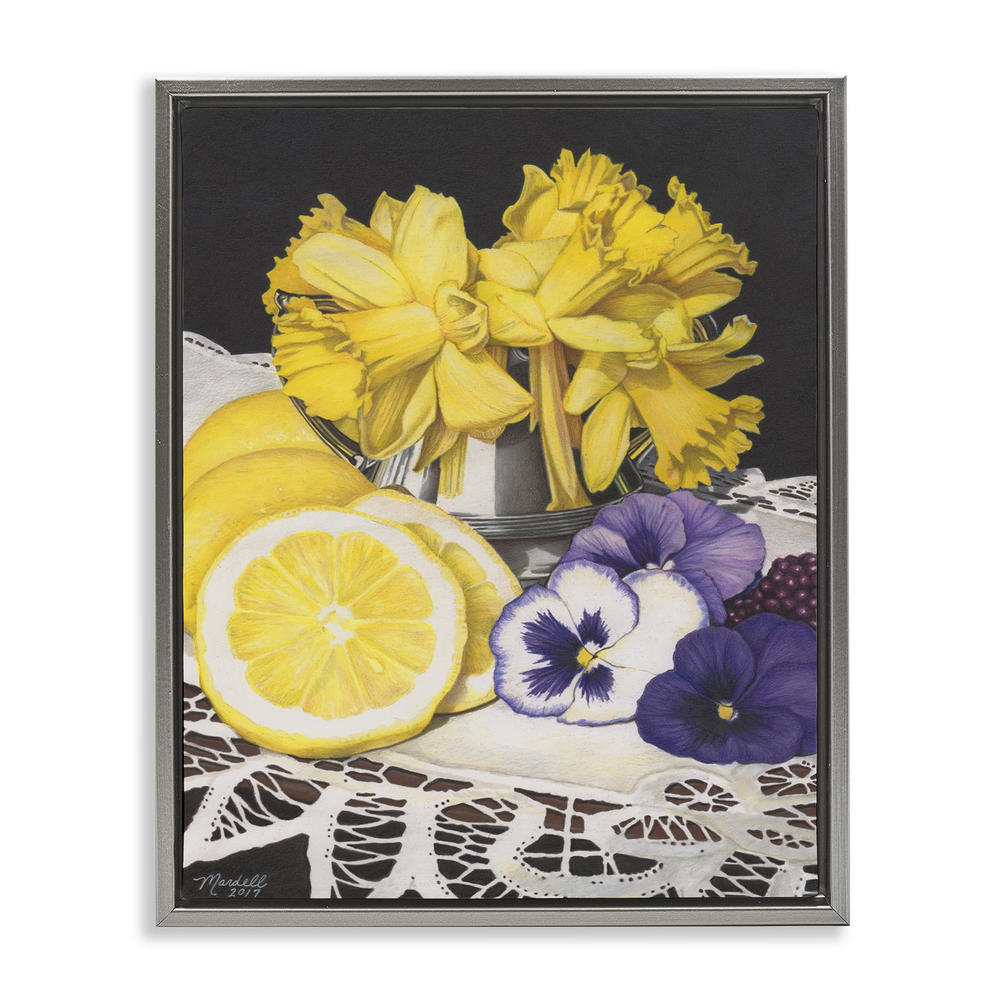 Stupell Industries Daffodils & Lemons Still Life Food & Beverage Painting Gray Floater Framed Art Print Wall Art, 25 x 31