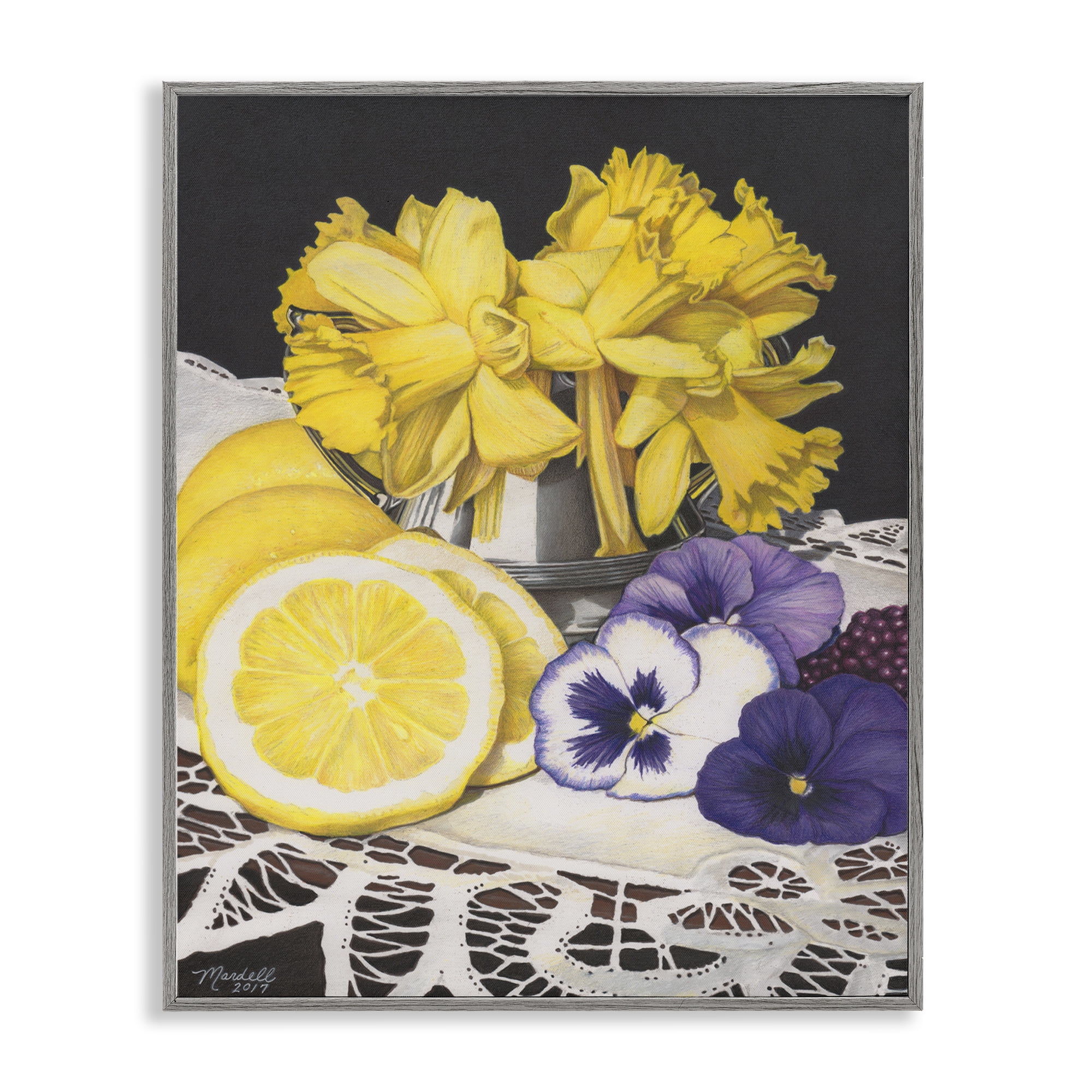 Stupell Industries Daffodils & Lemons Still Life Food & Beverage Painting Gray Framed Art Print Wall Art, 11 x 14
