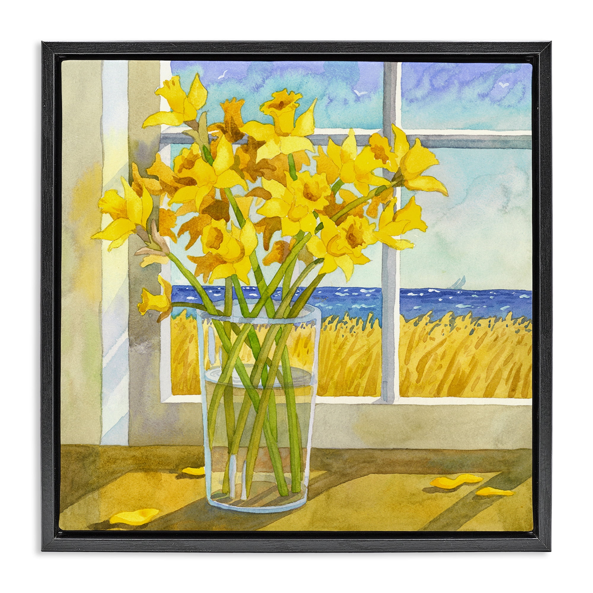 Stupell Industries Daffodils in Seaside Window Botanical & Floral Painting Black Floater Framed Canvas Art Print Wall Art, 25 x 25