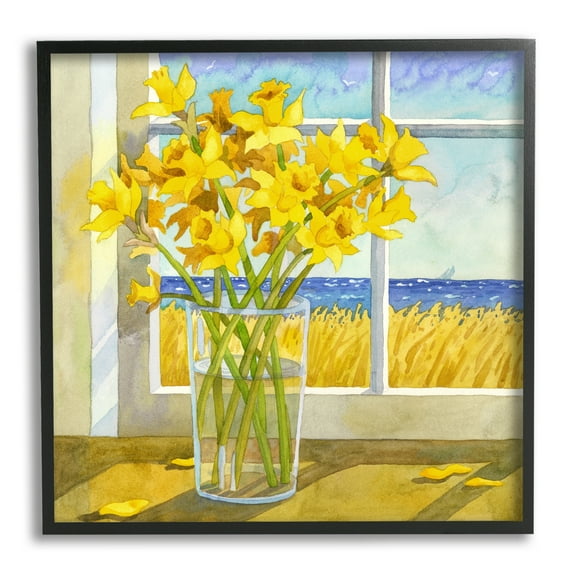 Stupell Industries Daffodils in Seaside Window Botanical & Floral Painting Black Framed Art Print Wall Art, 12 x 12