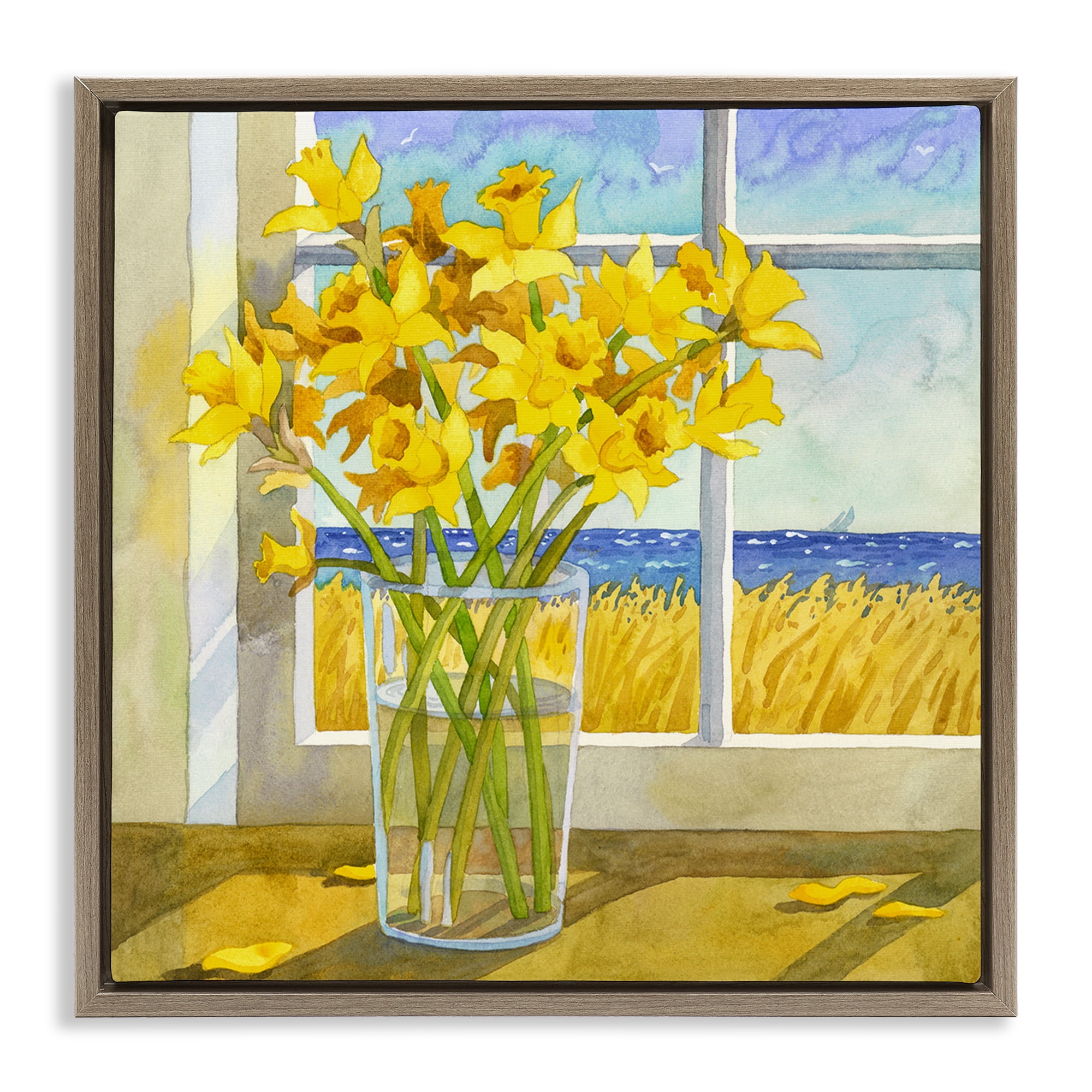 Stupell Industries Daffodils in Seaside Window Botanical & Floral Painting Brown Floater Framed Canvas Art Print Wall Art, 25 x 25