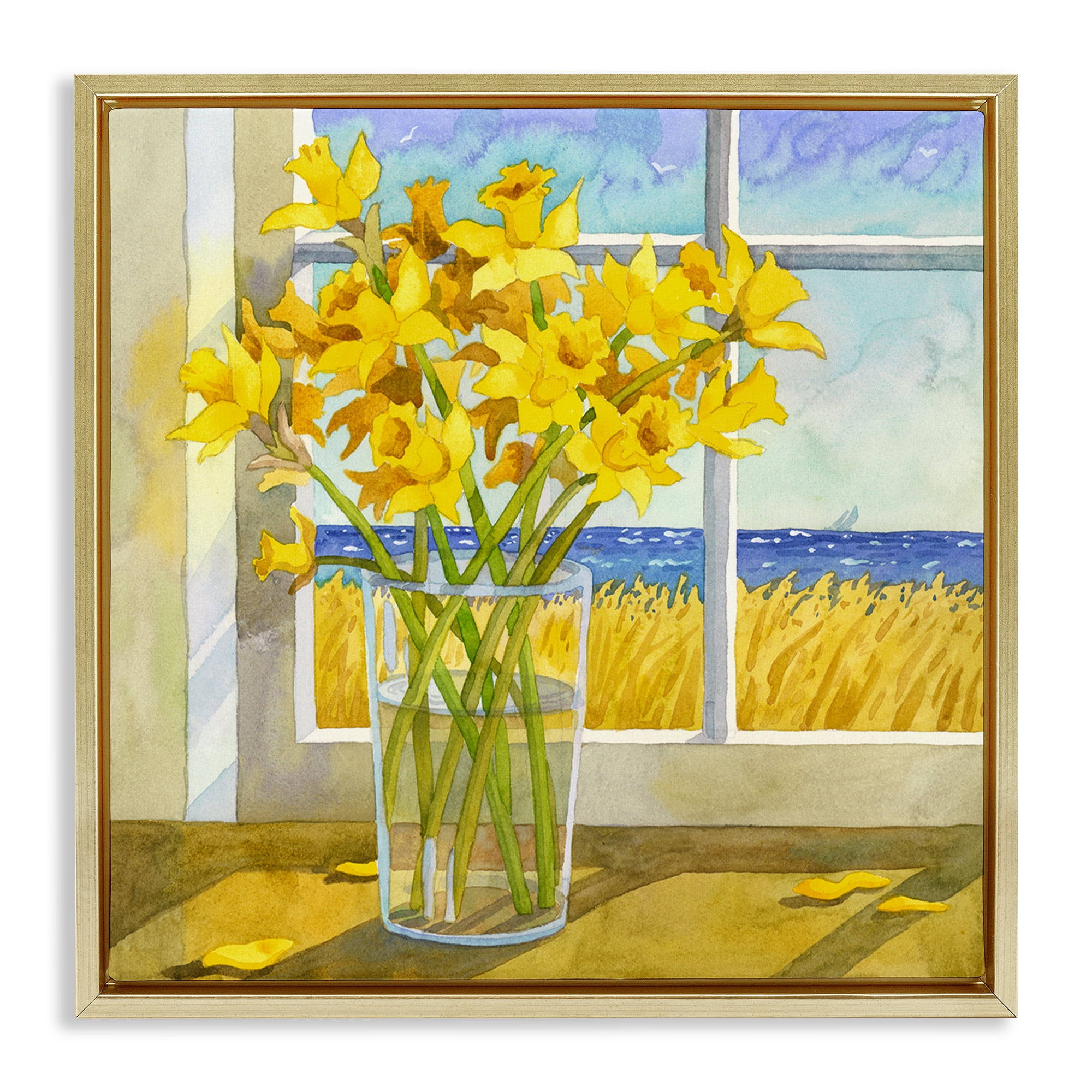 Stupell Industries Daffodils in Seaside Window Botanical & Floral Painting Gold Floater Framed Canvas Art Print Wall Art, 18 x 18