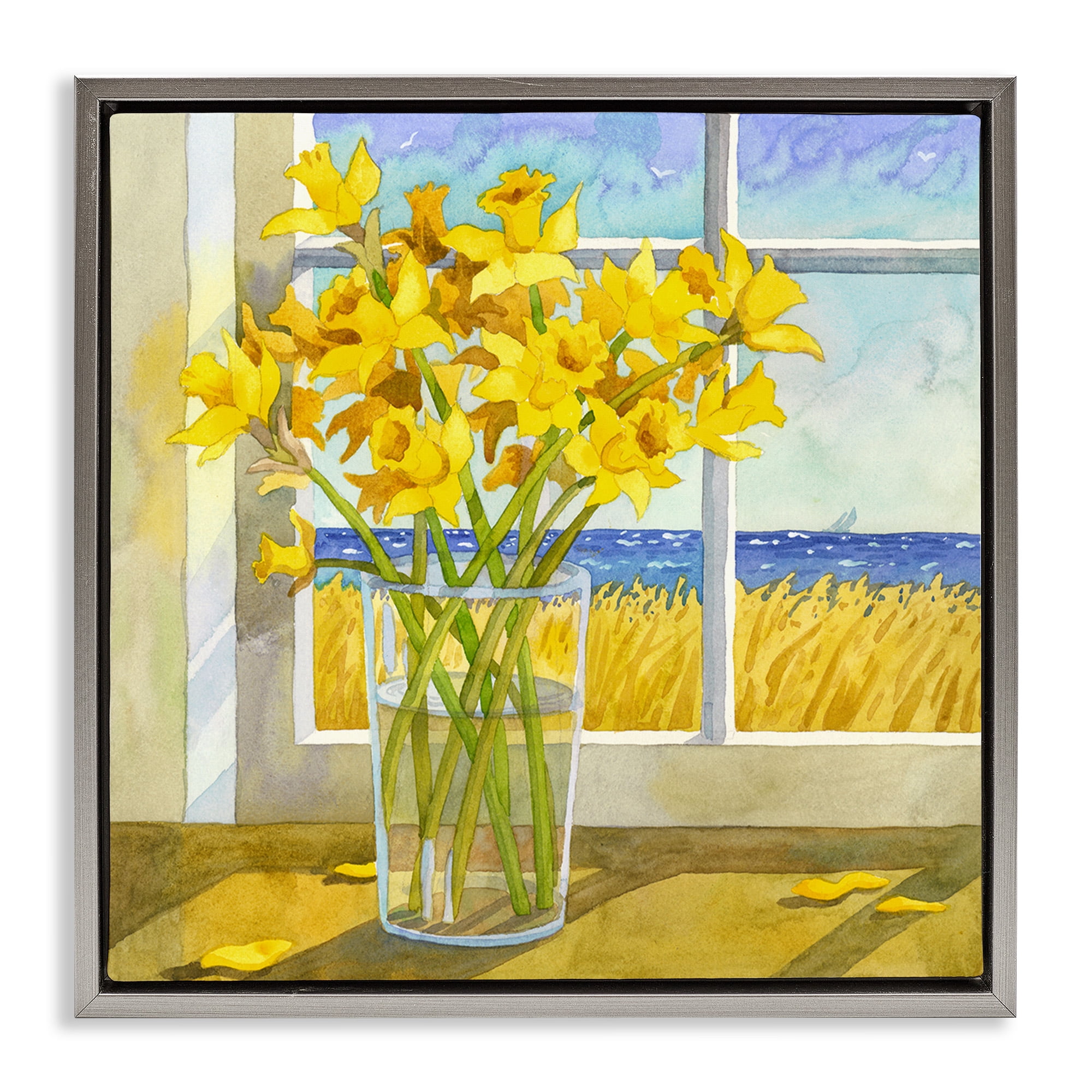 Stupell Industries Daffodils in Seaside Window Botanical & Floral Painting Gray Floater Framed Canvas Art Print Wall Art, 25 x 25
