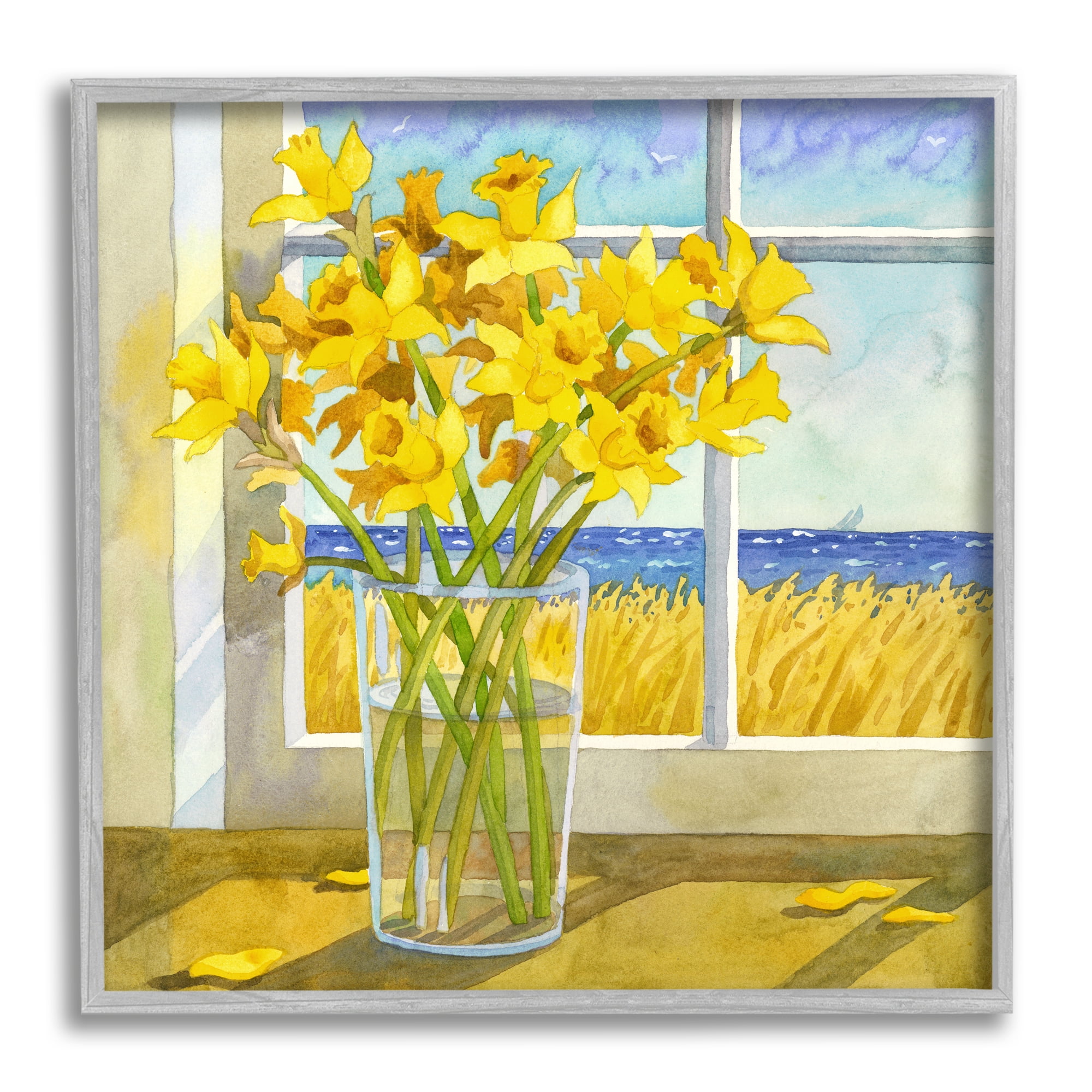 Stupell Industries Daffodils in Seaside Window Botanical & Floral Painting Gray Framed Art Print Wall Art, 17 x 17