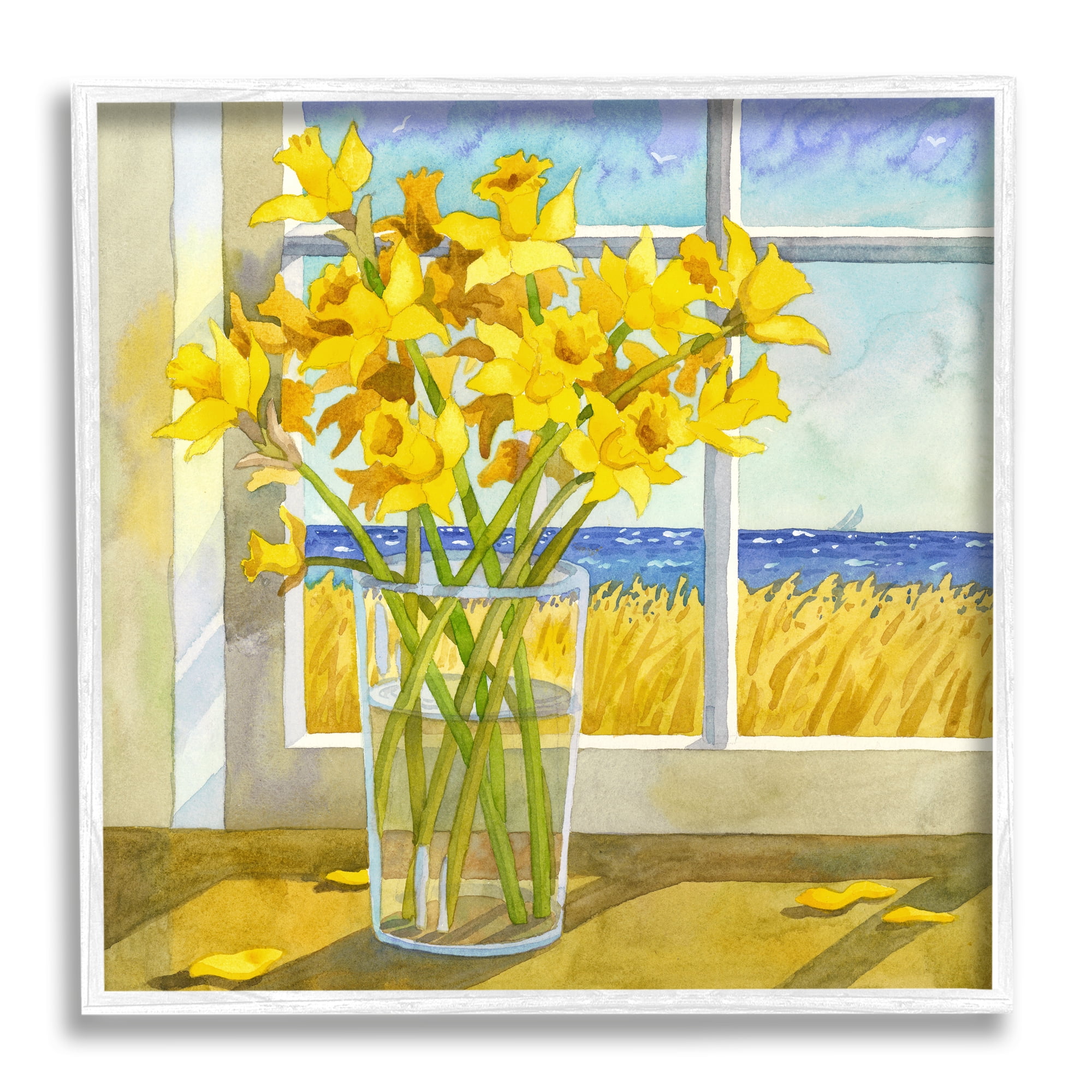 Stupell Industries Daffodils in Seaside Window Botanical & Floral Painting White Framed Art Print Wall Art, 17 x 17