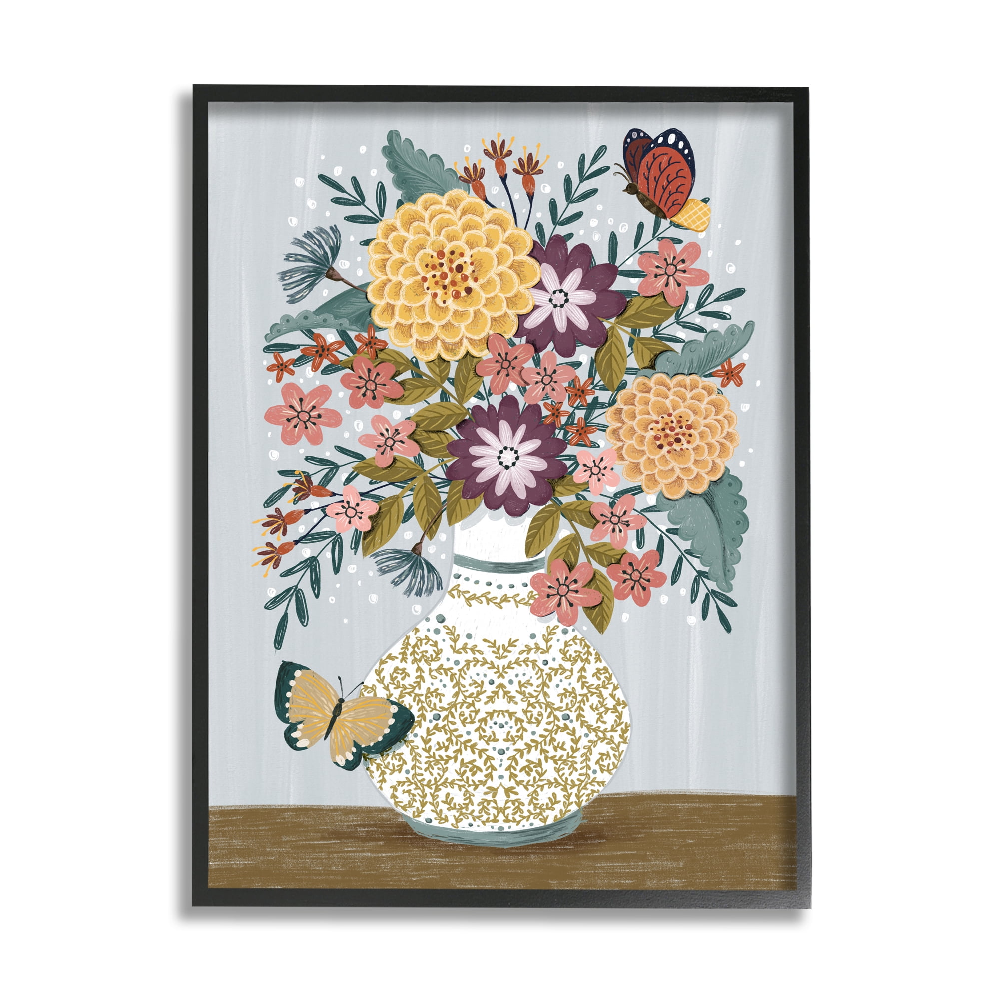 Stupell Industries Dahlia Bouquet & Butterflies Botanical & Floral Painting Black Framed Art Print Wall Art, 24 x 30