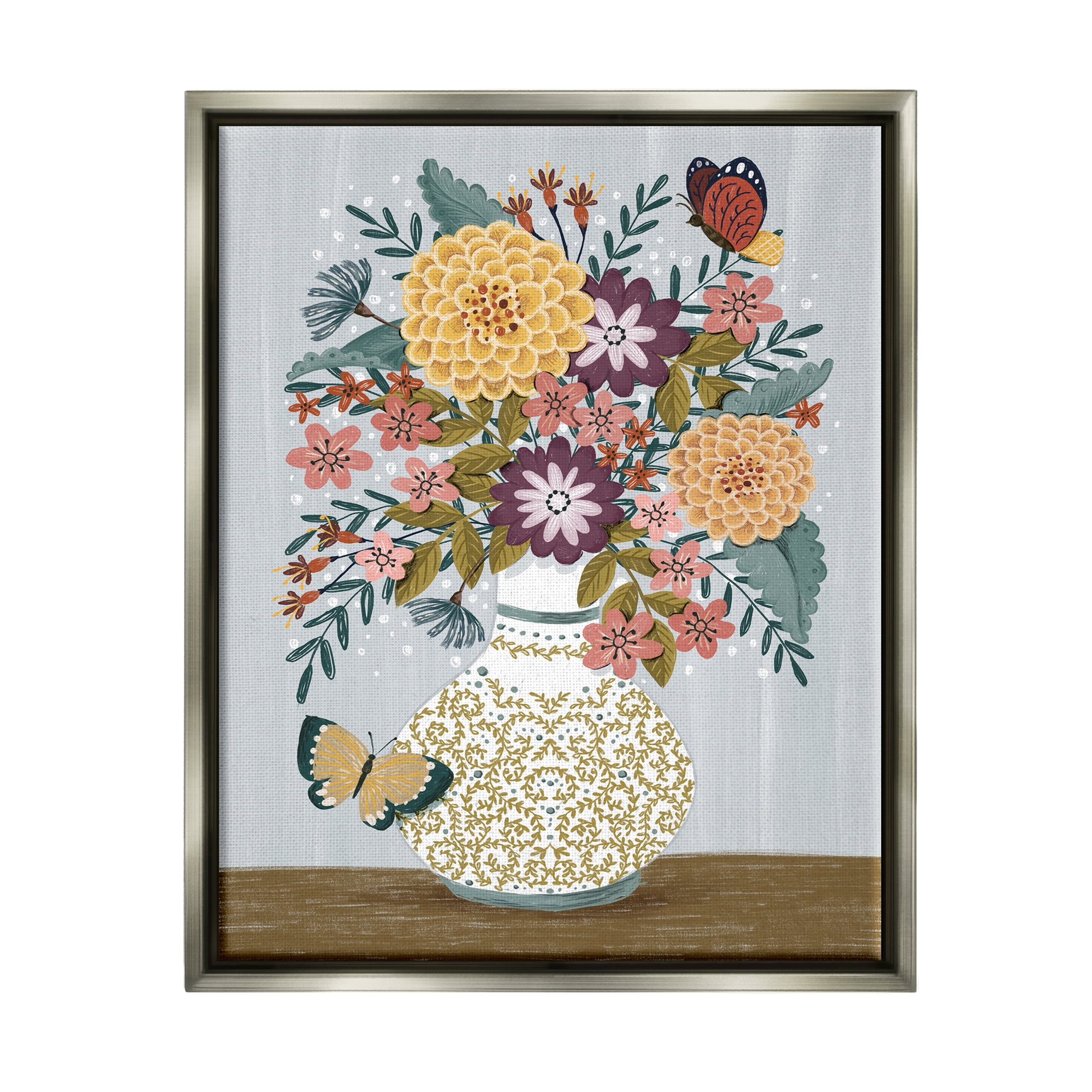 Stupell Industries Dahlia Bouquet & Butterflies Botanical & Floral Painting Gray Floater Framed Canvas Art Print Wall Art, 17 x 21