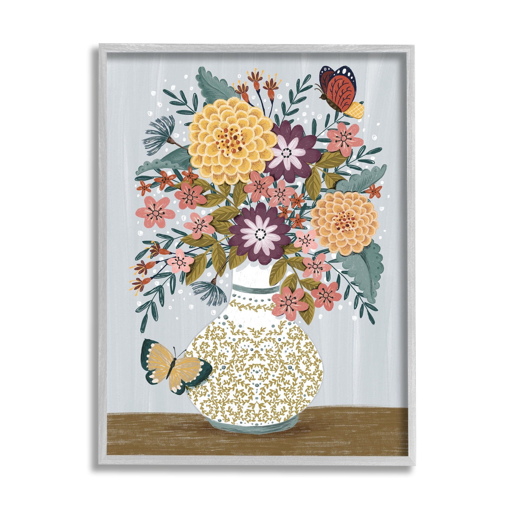 Stupell Industries Dahlia Bouquet & Butterflies Botanical & Floral Painting Gray Framed Art Print Wall Art, 11 x 14