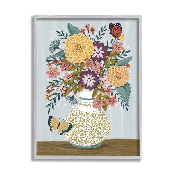 Stupell Industries Dahlia Bouquet & Butterflies Botanical & Floral Painting Gray Framed Art Print Wall Art, 24 x 30