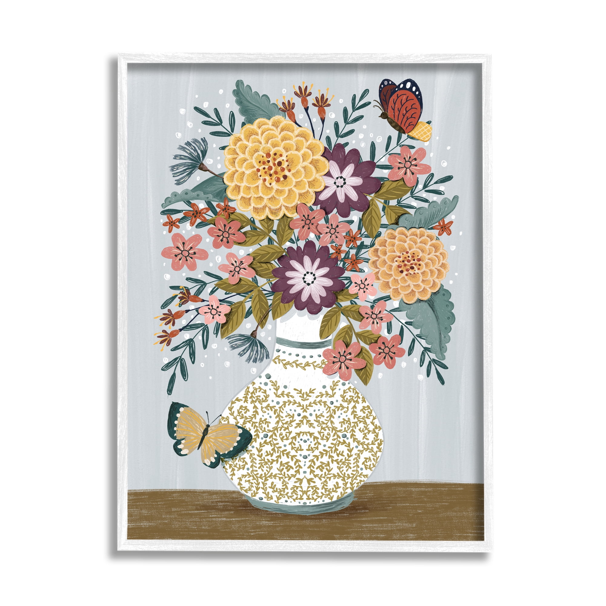 Stupell Industries Dahlia Bouquet & Butterflies Botanical & Floral Painting White Framed Art Print Wall Art, 24 x 30