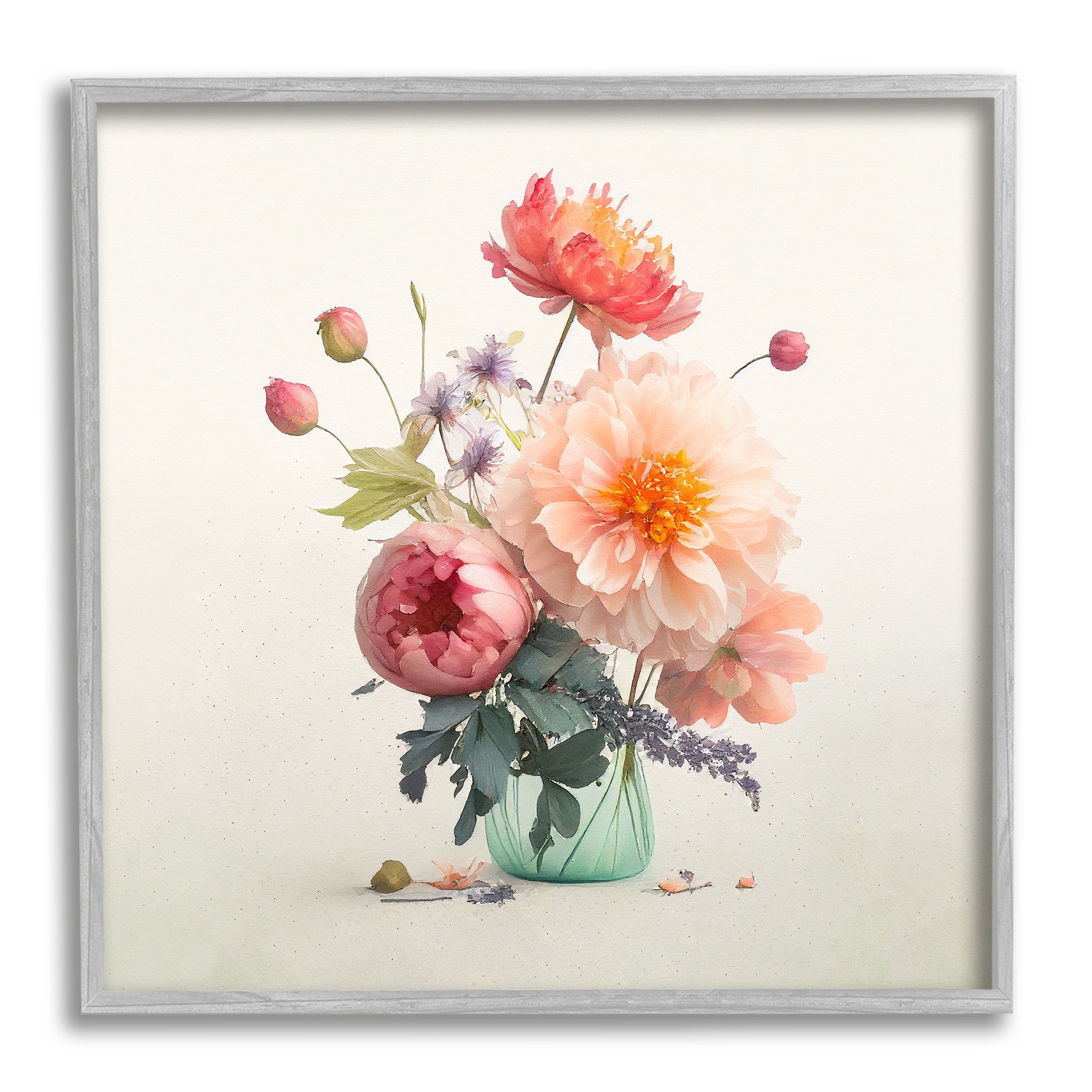 Stupell Industries Dahlia & Roses Bouquet Botanical & Floral Painting Gray Framed Art Print Wall Art, 24 x 24