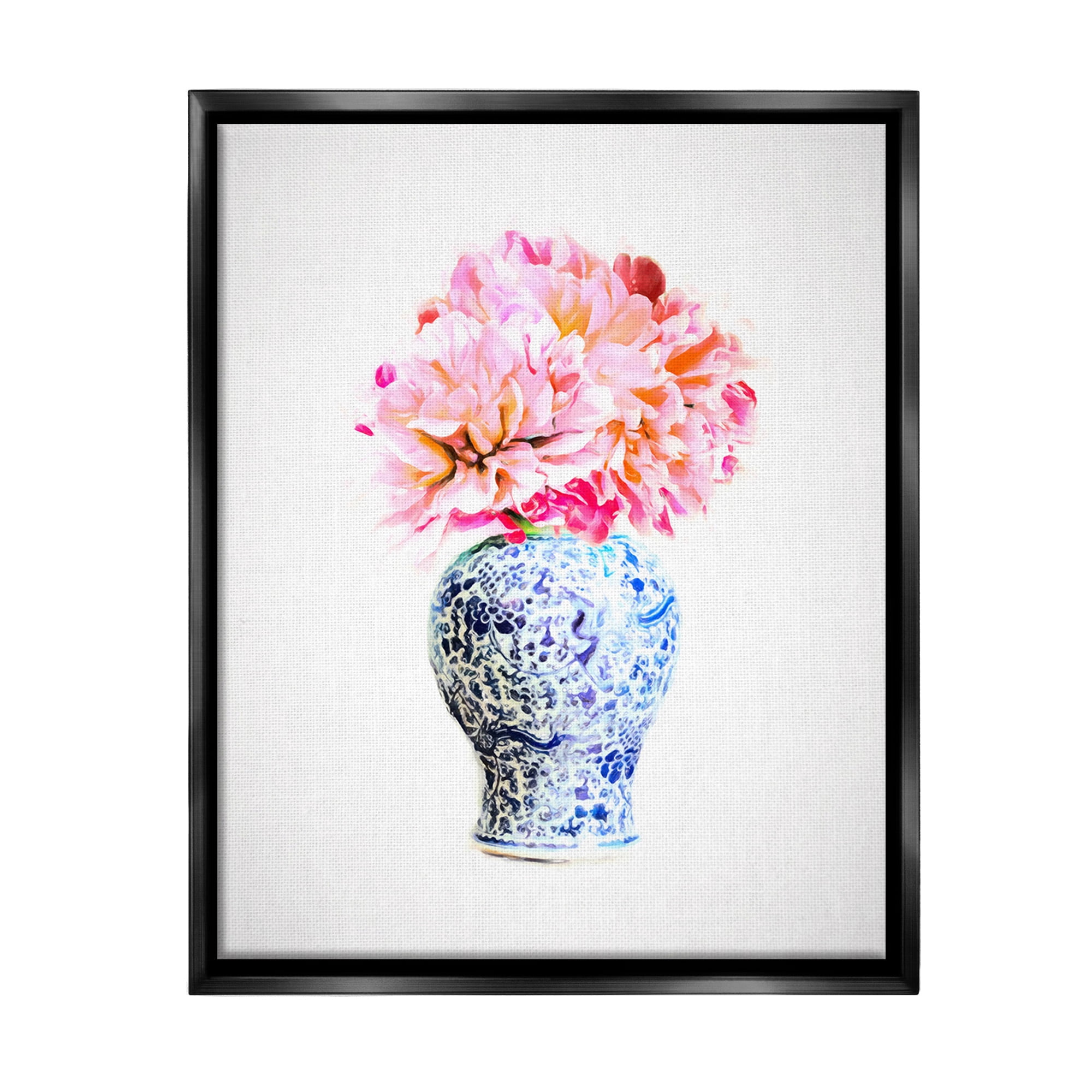 Stupell Industries Dahlia with Oriental Vase Botanical & Floral Painting Black Floater Framed Canvas Art Print Wall Art, 17 x 21