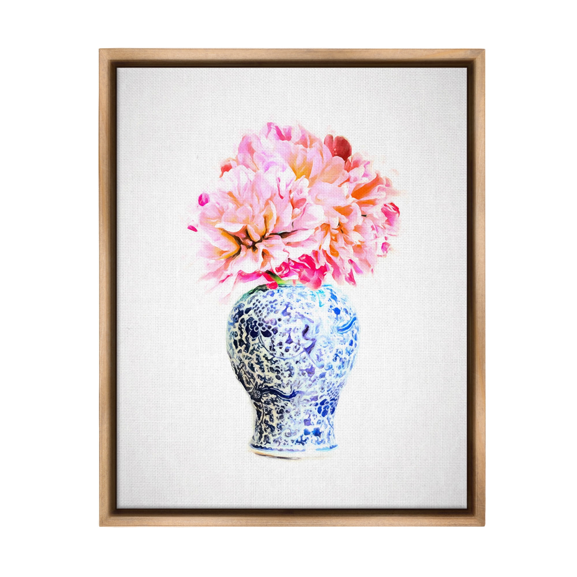Stupell Industries Dahlia with Oriental Vase Botanical & Floral Painting Brown Floater Framed Canvas Art Print Wall Art, 25 x 31