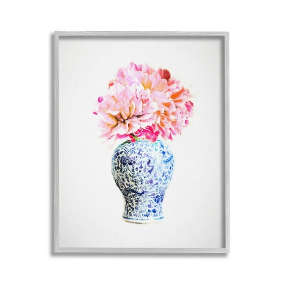 Stupell Industries Dahlia with Oriental Vase Botanical & Floral Painting Gray Framed Art Print Wall Art, 24 x 30