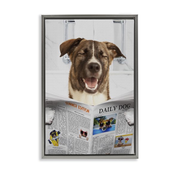 Stupell Industries Daily Dog Bathroom Humor Gray Framed Floater Canvas Wall Art design by Jesse Keith, 31 x 21