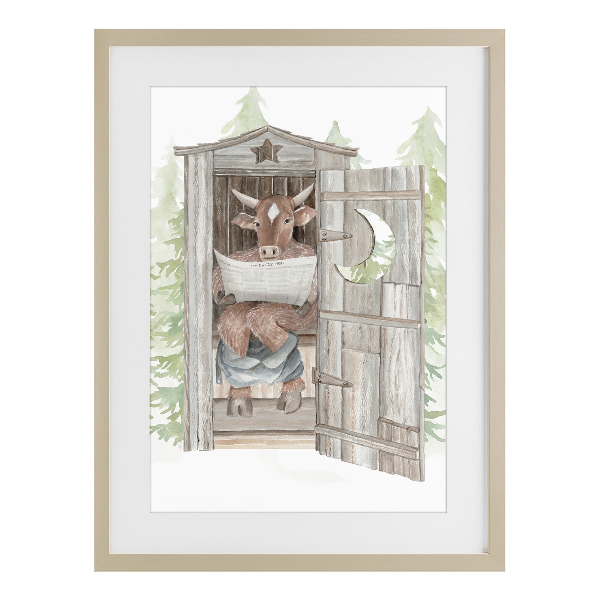Stupell Industries Daily Moo Outhouse Reading Birch Framed Print Under Glass, design by Cindy Jacobs