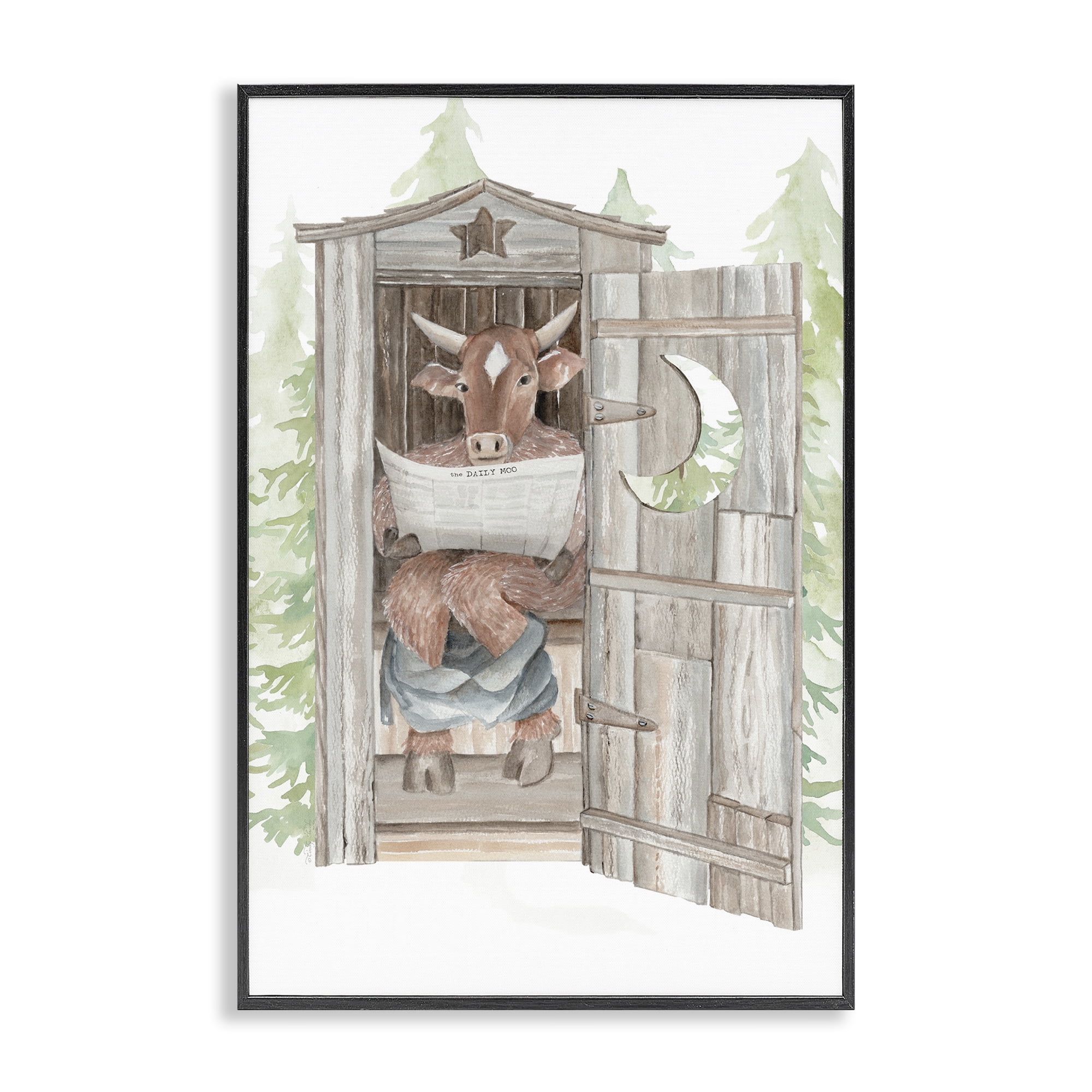 Stupell Industries Daily Moo Outhouse Reading Black Framed Giclee Art, design by Cindy Jacobs