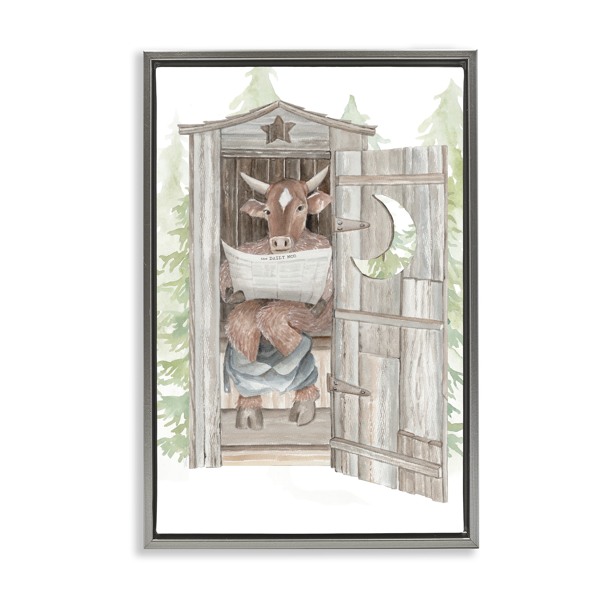 Stupell Industries Daily Moo Outhouse Reading Gray Framed Floater Canvas Wall Art, design by Cindy Jacobs