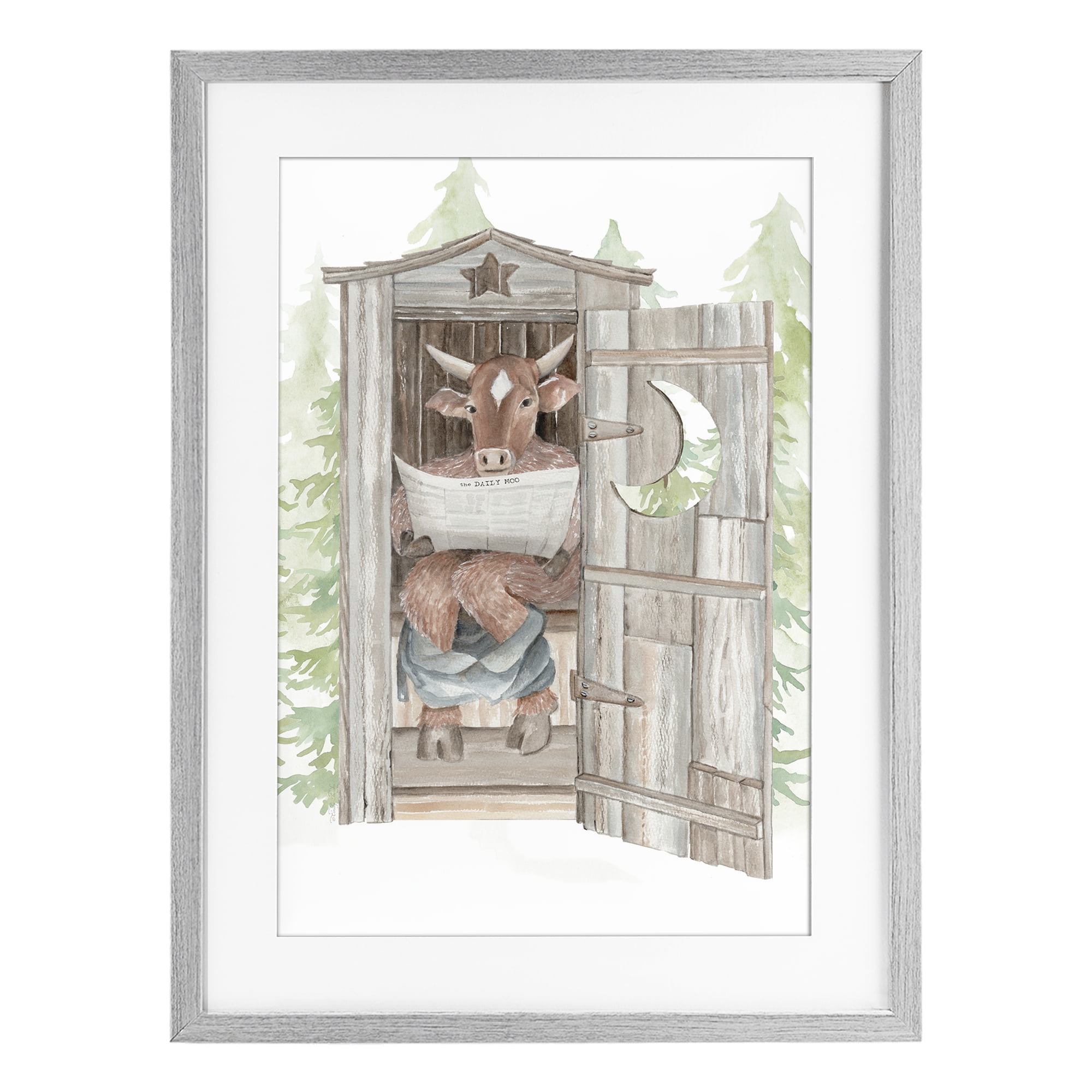 Stupell Industries Daily Moo Outhouse Reading Gray Framed Print Under Glass, design by Cindy Jacobs