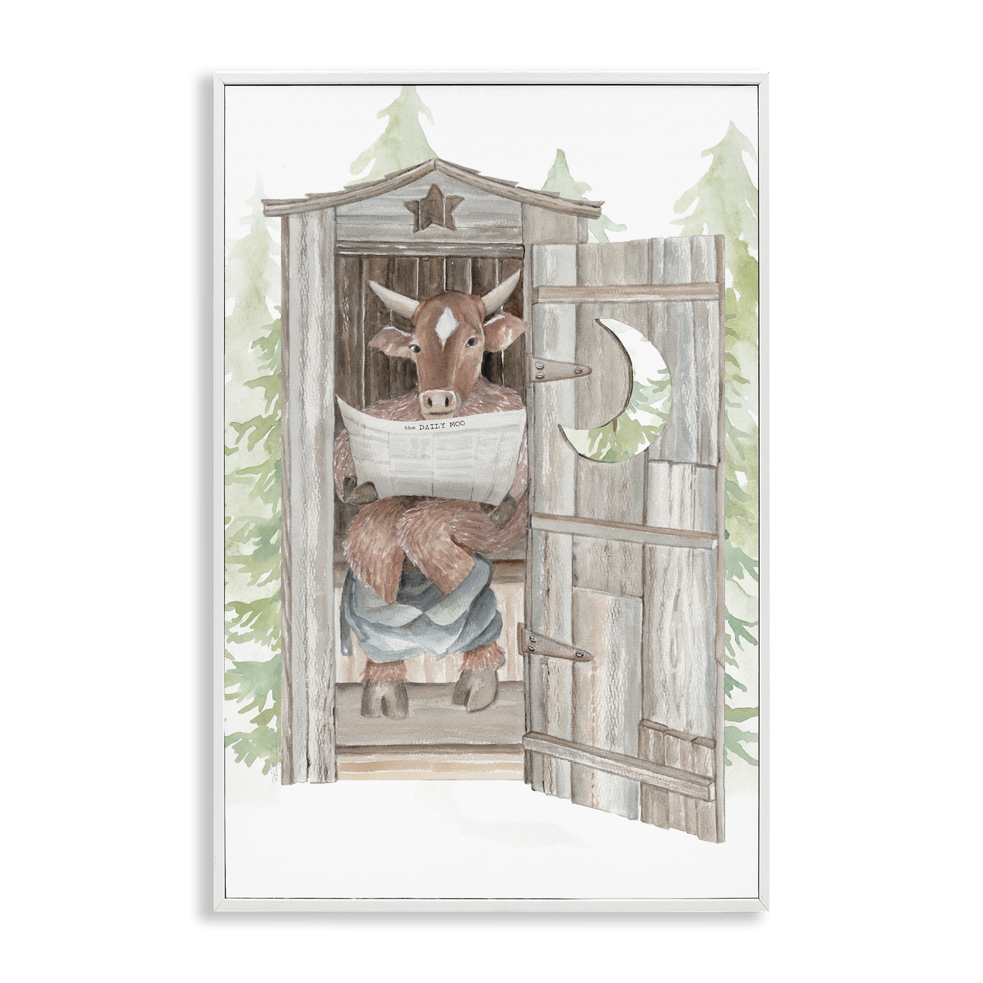 Stupell Industries Daily Moo Outhouse Reading White Framed Giclee Art, design by Cindy Jacobs