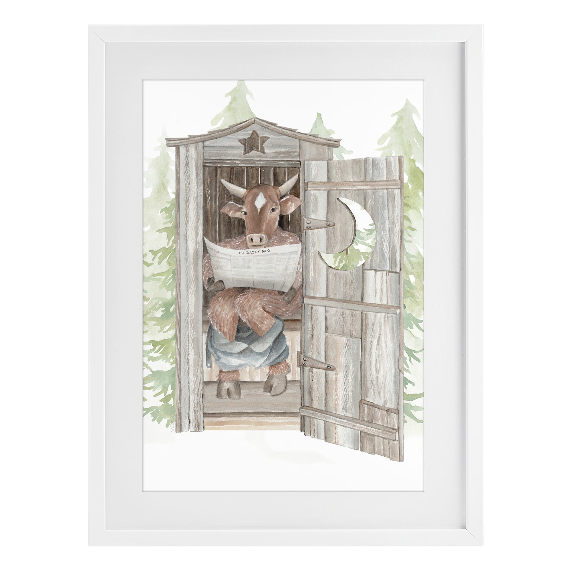 Stupell Industries Daily Moo Outhouse Reading White Framed Print Under Glass, design by Cindy Jacobs