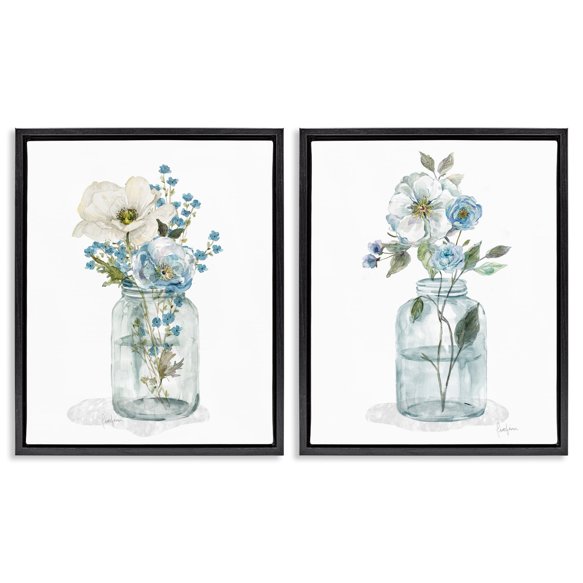 Stupell Industries Dainty Flowers in Jar Plants & Flowers Painting Black Floater Framed Canvas Art Print Wall Art, 31 x 25, Set of 2