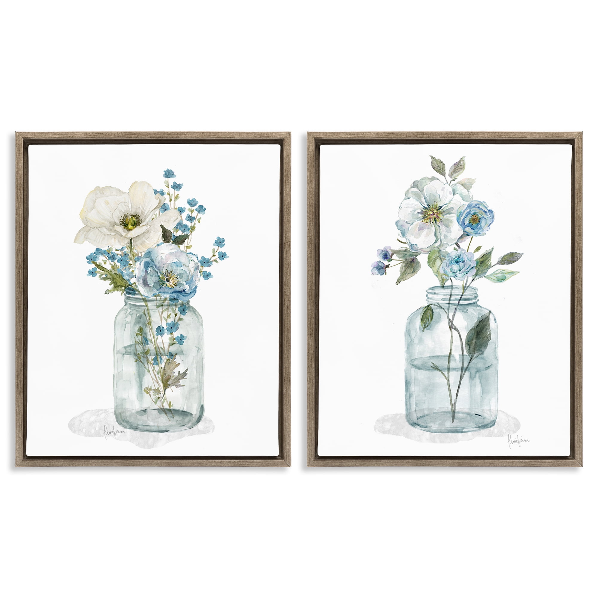 Stupell Industries Dainty Flowers in Jar Plants & Flowers Painting Brown Floater Framed Canvas Art Print Wall Art, 31 x 25, Set of 2