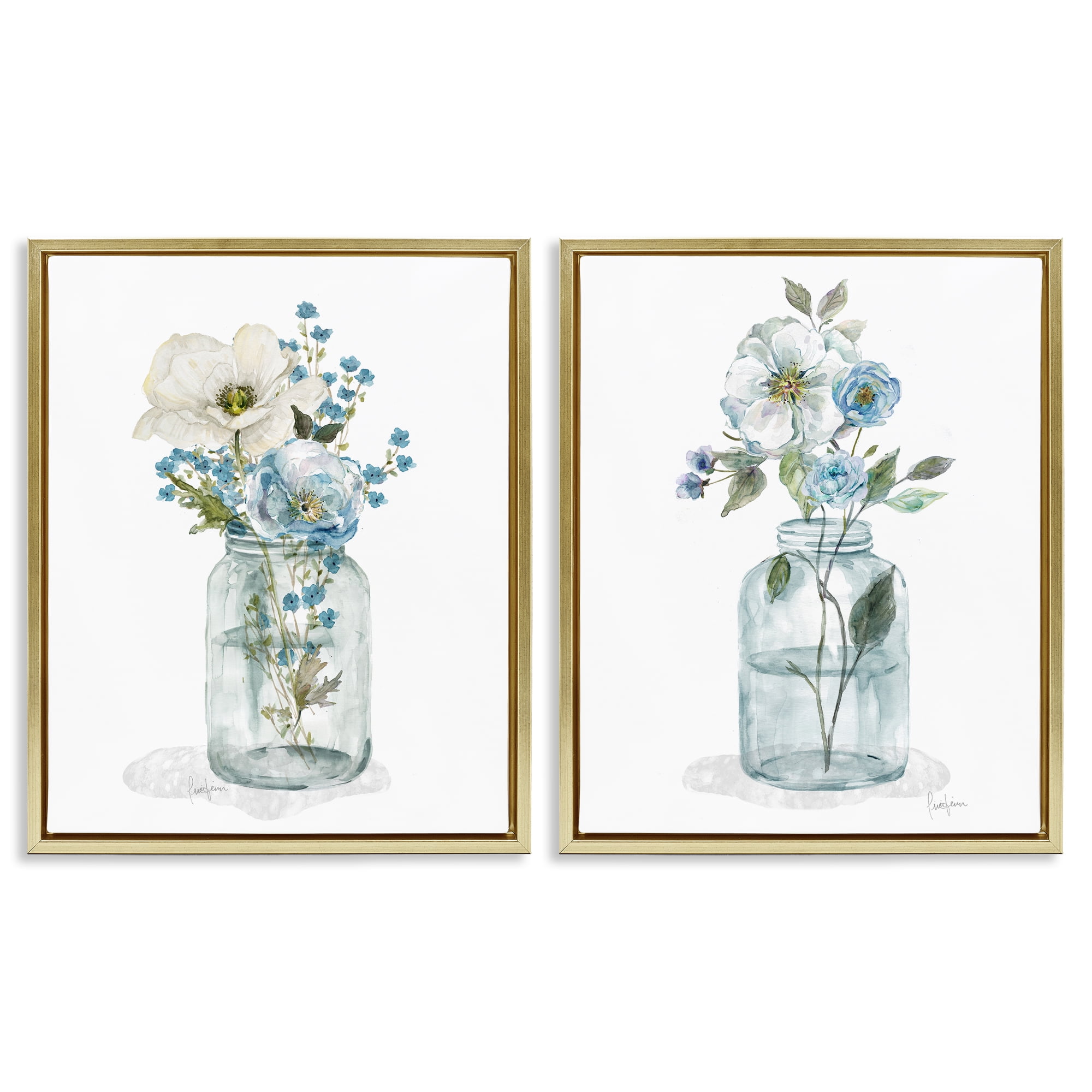 Stupell Industries Dainty Flowers in Jar Plants & Flowers Painting Gold Floater Framed Canvas Art Print Wall Art, 17 x 21, Set of 2