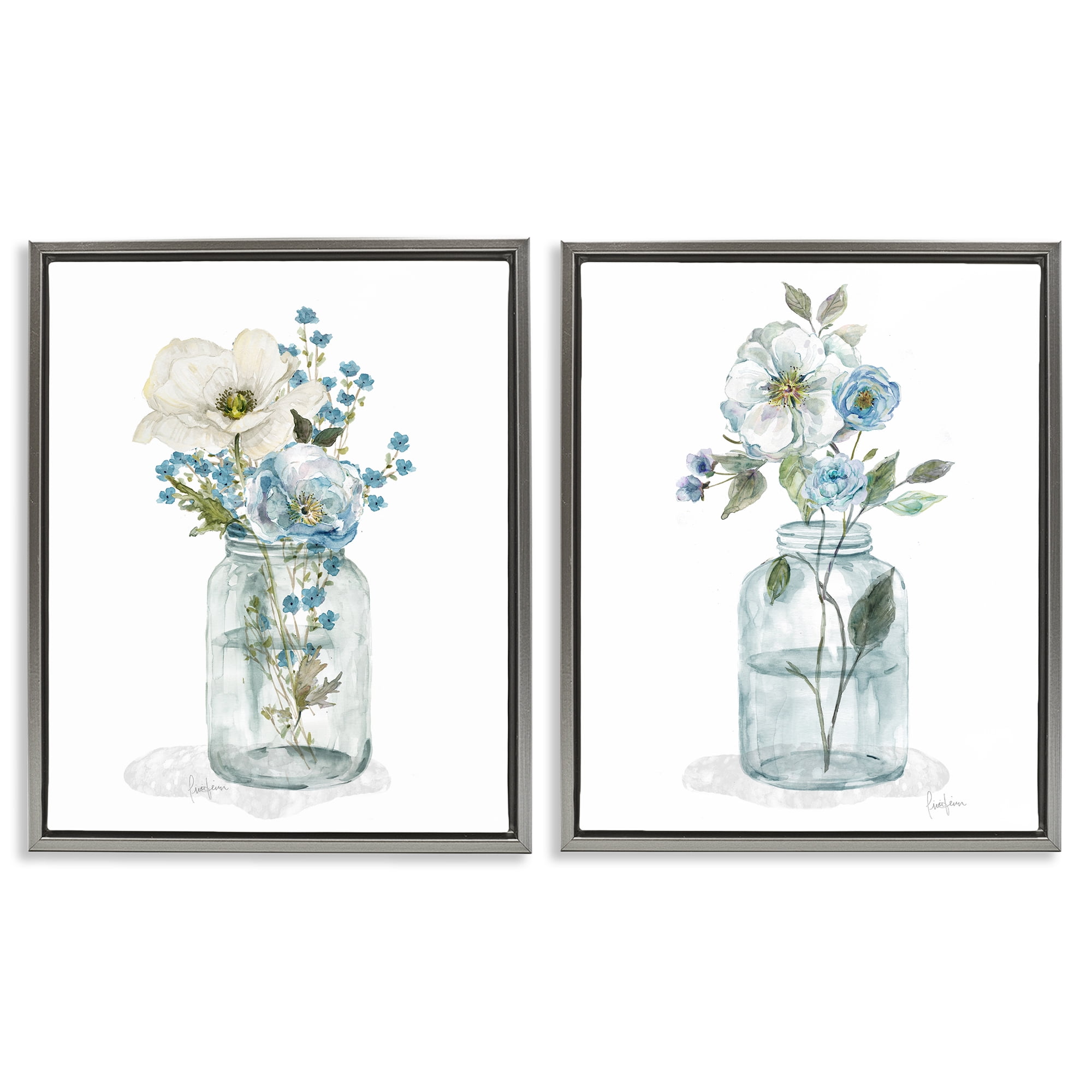 Stupell Industries Dainty Flowers in Jar Plants & Flowers Painting Gray Floater Framed Canvas Art Print Wall Art, 17 x 21, Set of 2