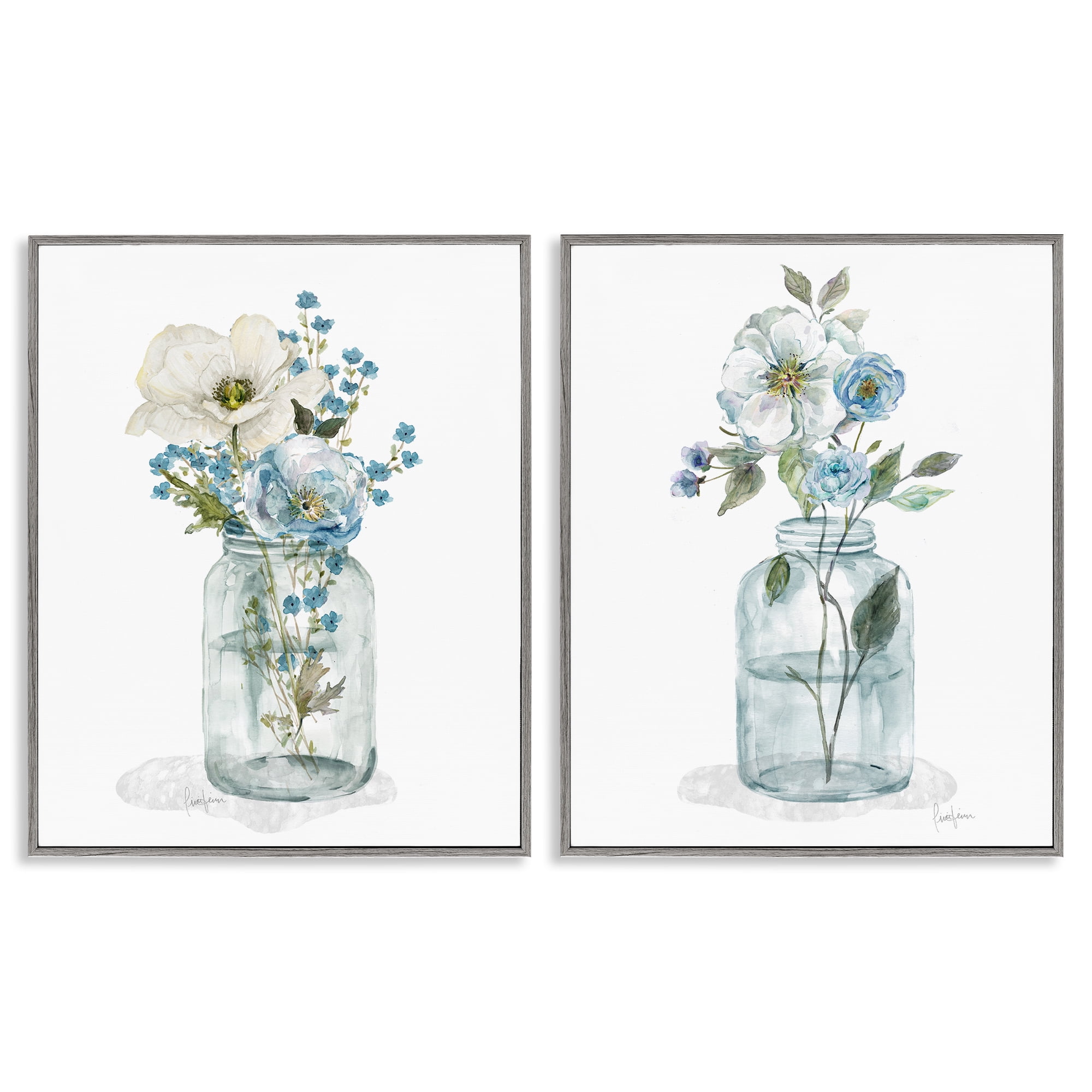 Stupell Industries Dainty Flowers in Jar Plants & Flowers Painting Gray Framed Art Print Wall Art, 16 x 20, Set of 2