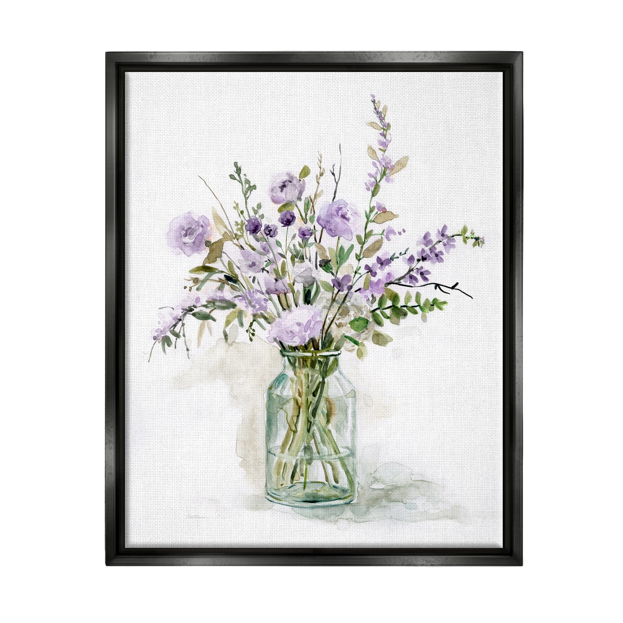 Stupell Industries Dainty Lavender Blooms Arrangement Classic Glass Vase Graphic Art Jet Black Floating Framed Canvas Print Wall Art, Design by Carol Robinson