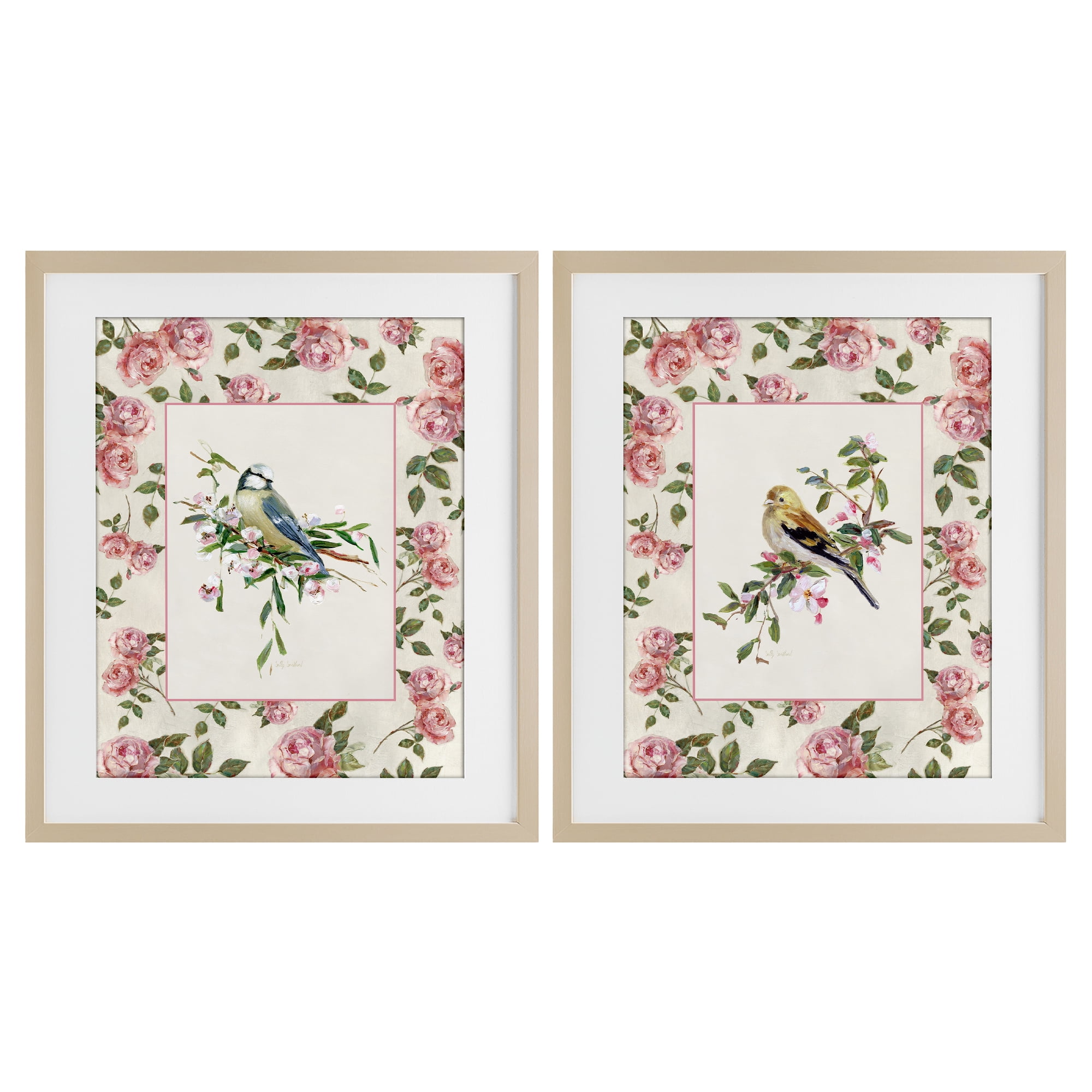 Stupell Industries Dainty Roses & Birds 2 Piece Birch Framed Print Under Glass Set, design by Sally Swatland