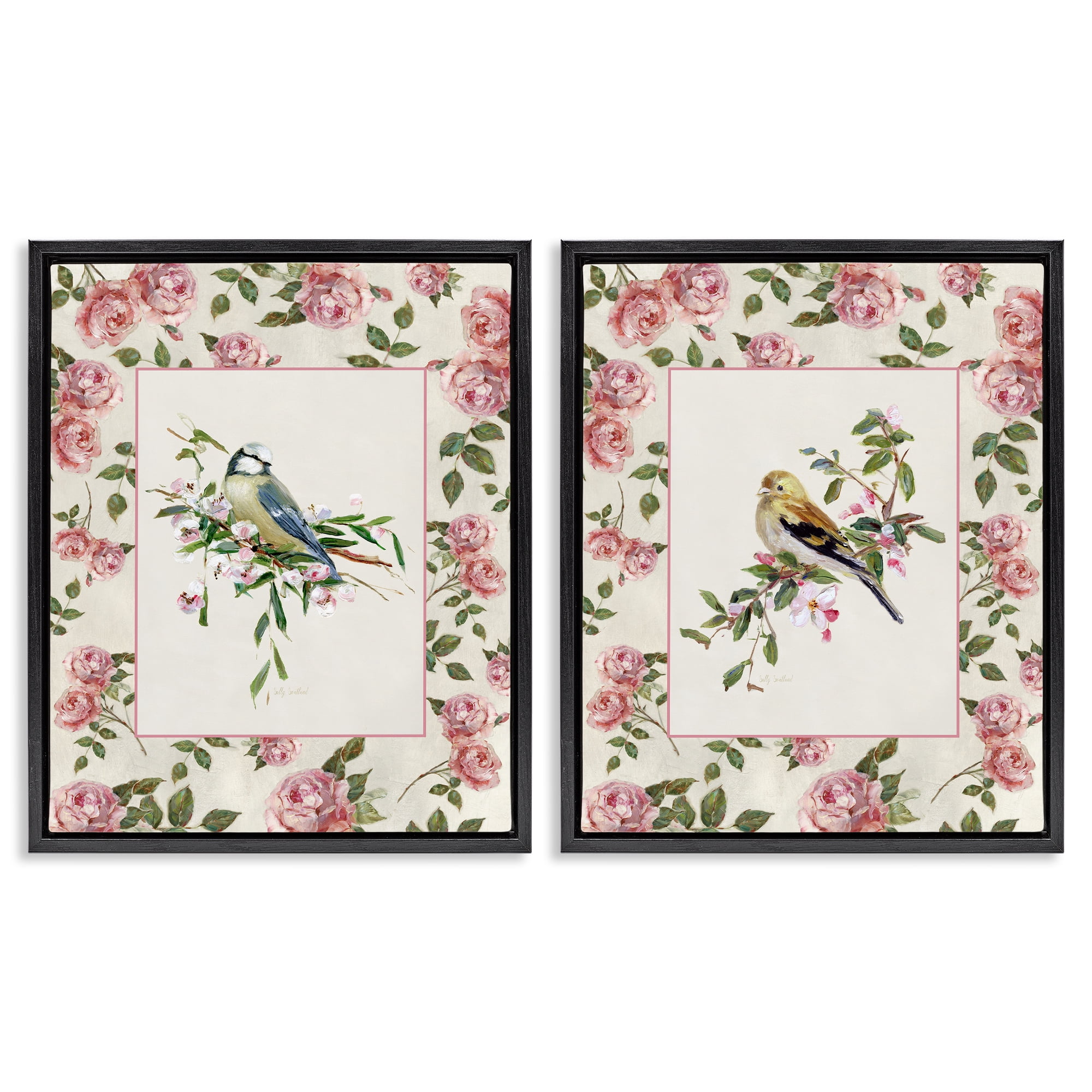 Stupell Industries Dainty Roses & Birds 2 Piece Black Framed Floater Canvas Set, design by Sally Swatland