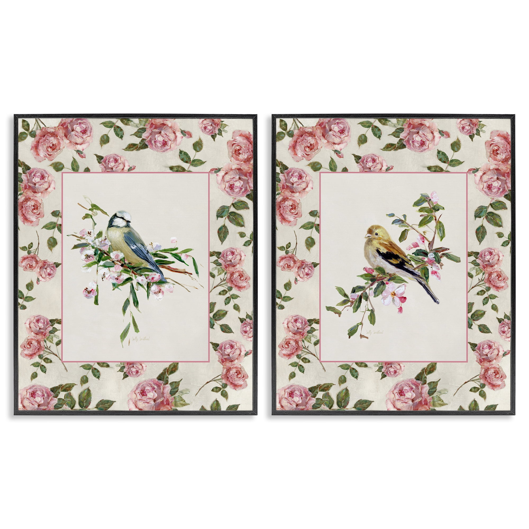 Stupell Industries Dainty Roses & Birds 2 Piece Black Framed Giclee Art Set, design by Sally Swatland